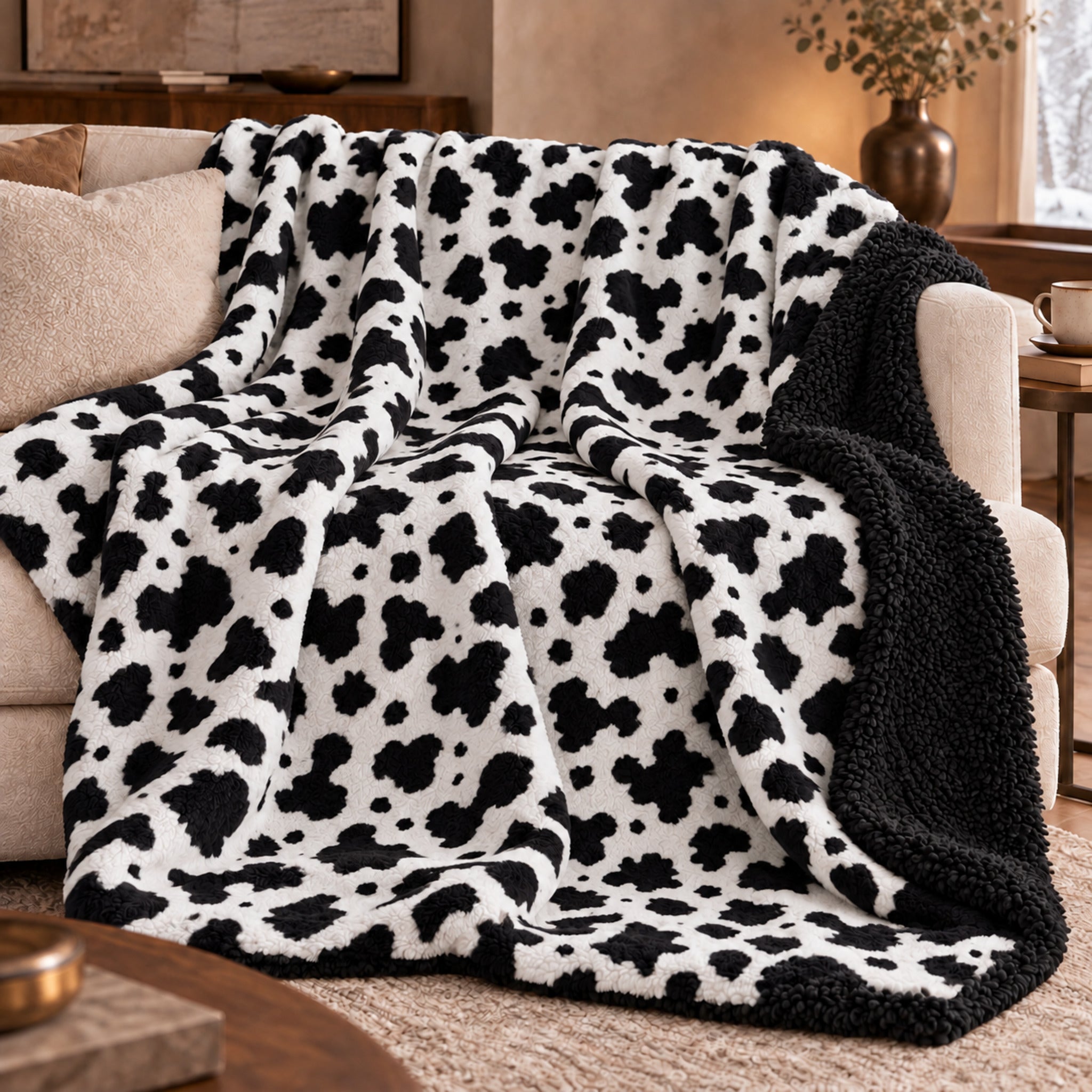 Plaid Fancy Home Everest sul divano, con macchie nere irregolari su fondo bianco e retro in sherpa nero.
