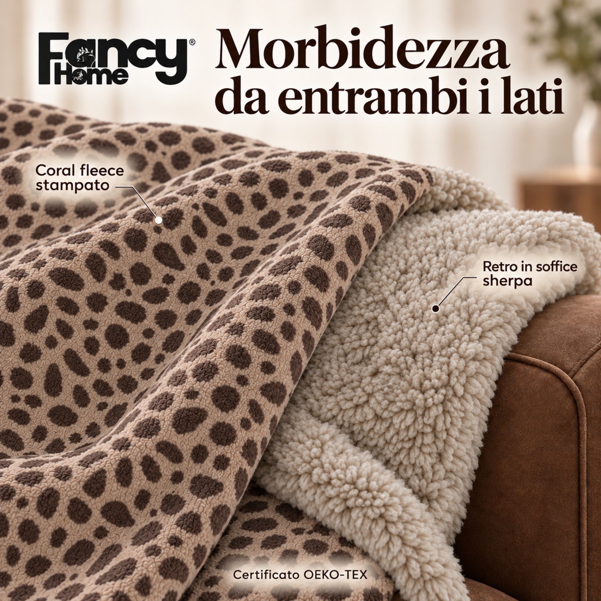 Dettaglio del coral fleece tortora con macchie marroni e del retro in sherpa chiaro del plaid Everest certificato OEKO-TEX.