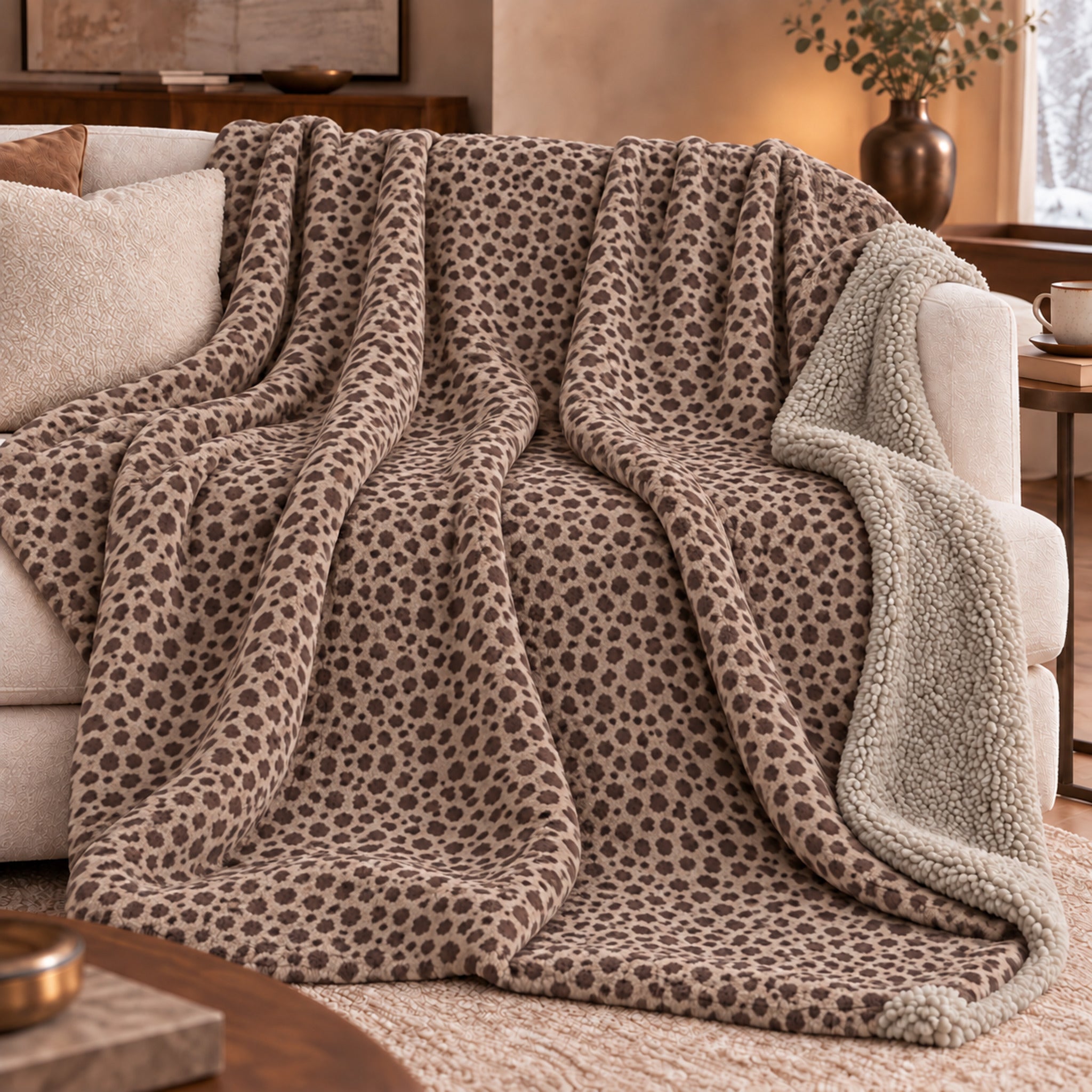 Plaid Fancy Home Everest maculato tortora adagiato sul divano, con piccole macchie marroni e retro in sherpa chiaro.