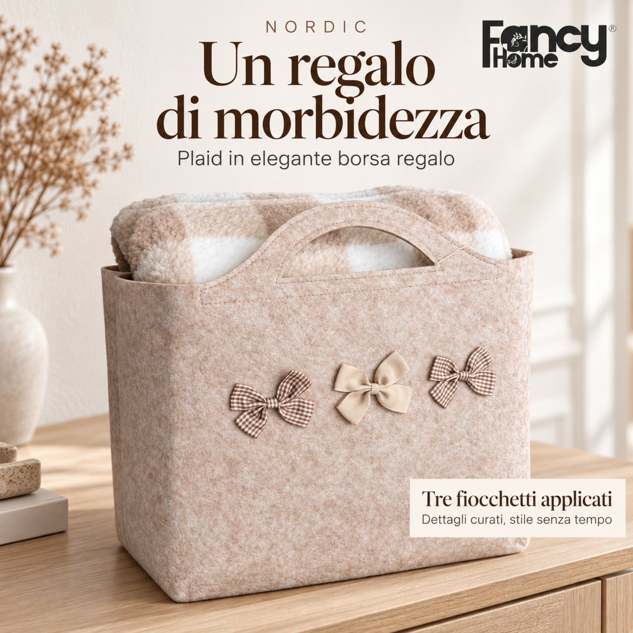 Plaid Nordic beige nella borsa regalo con manici, due fiocchetti a quadretti e un fiocco centrale in tinta unita.