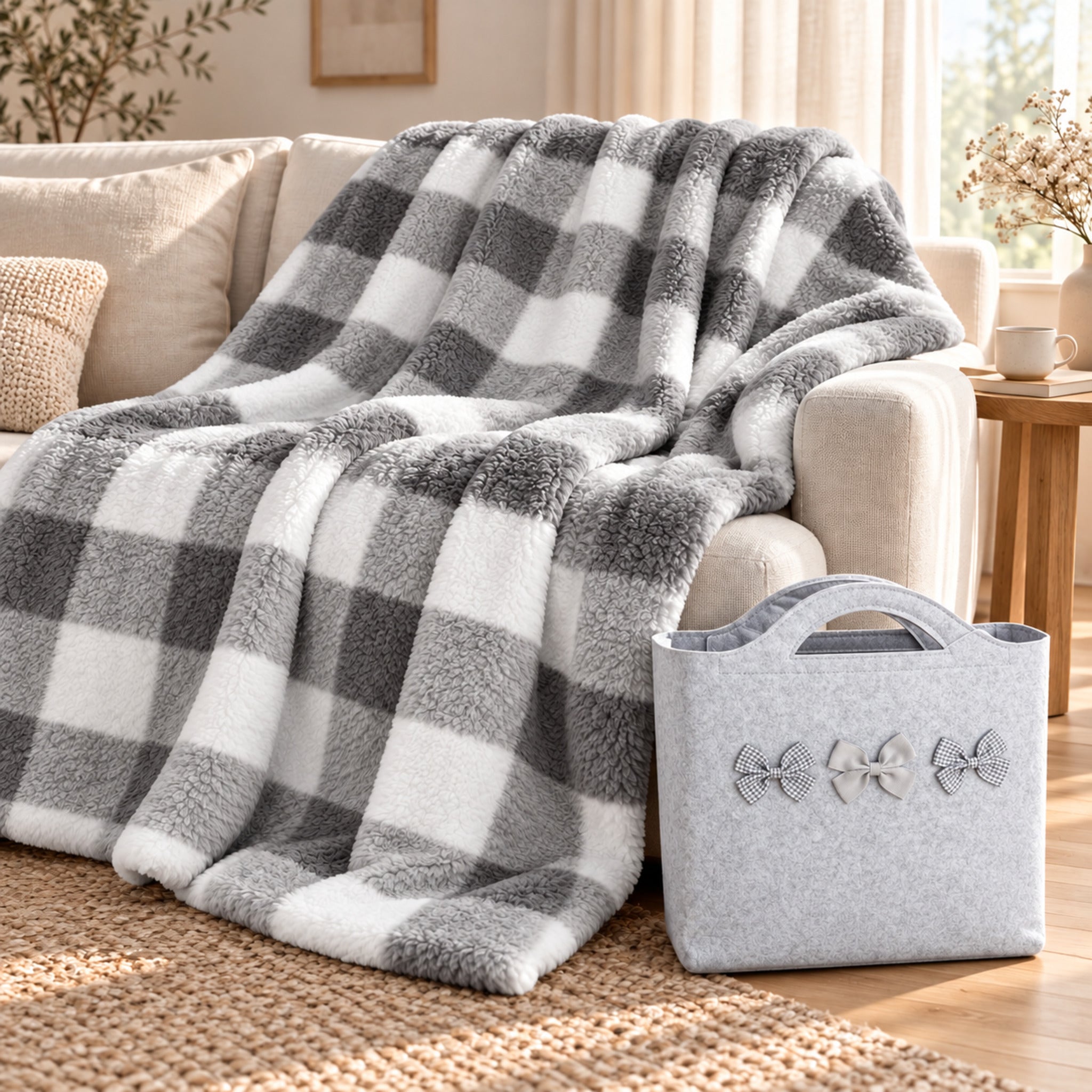 Plaid Fancy Home Nordic a quadri grigi e bianchi adagiato sul divano, con borsa regalo grigia decorata da tre fiocchetti.
