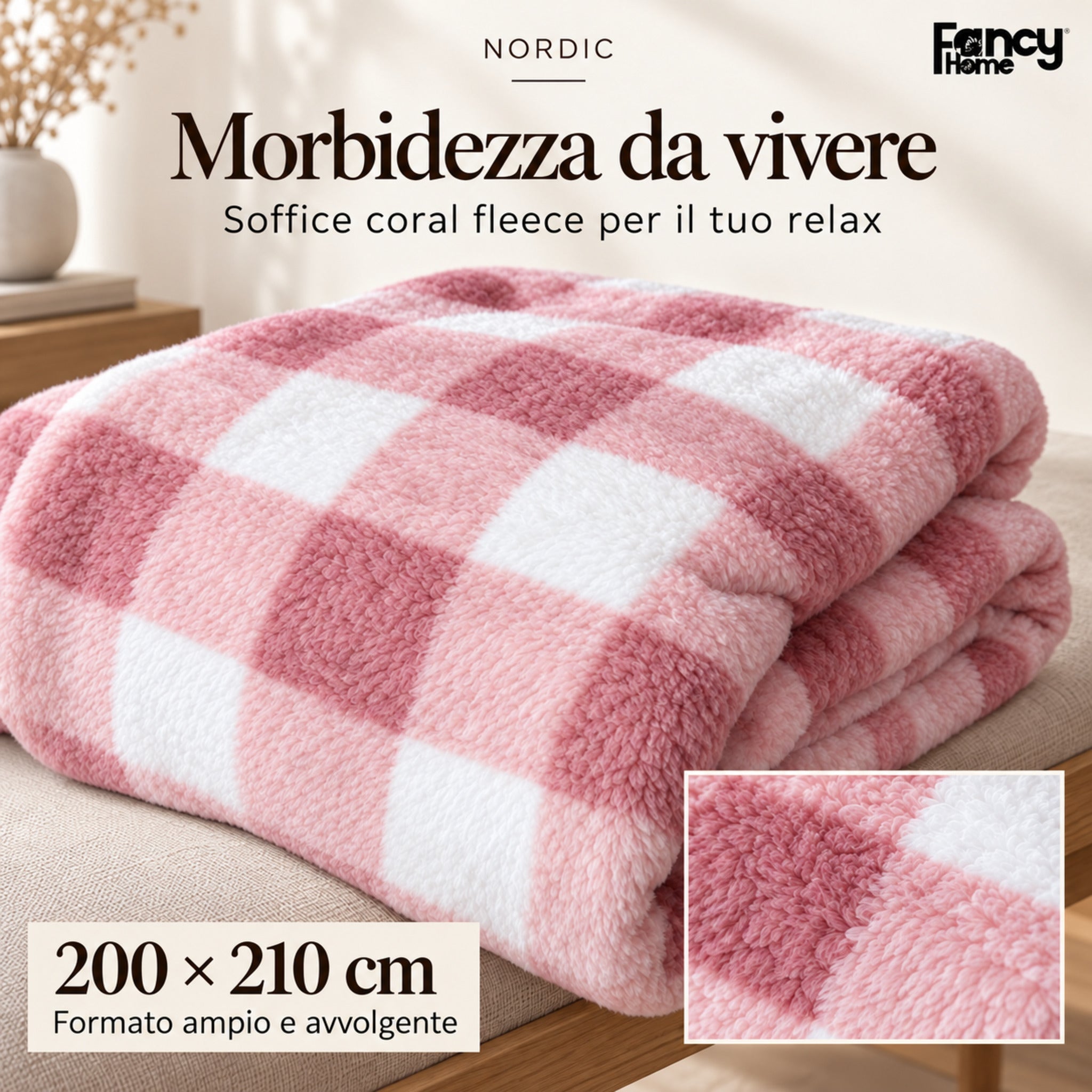 Plaid Nordic rosa piegato con dettaglio della superficie in coral fleece e indicazione delle dimensioni 200×210 cm.