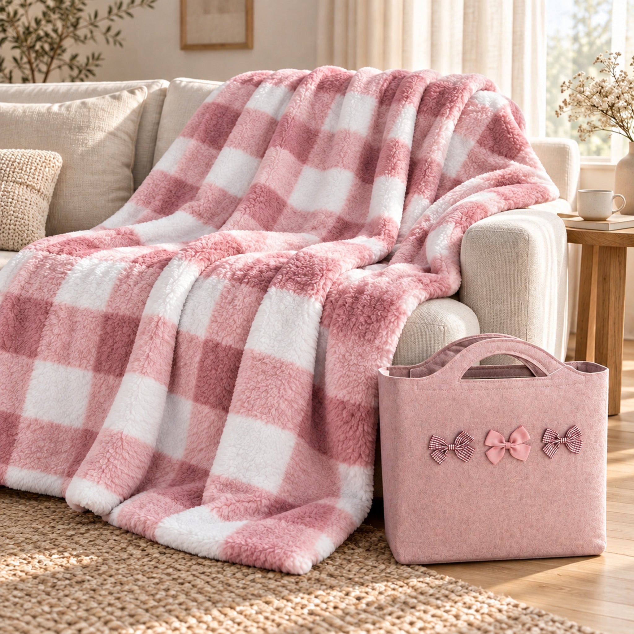 Plaid Fancy Home Nordic a quadri rosa e bianchi disteso sul divano, accanto alla borsa regalo rosa con fiocchetti.