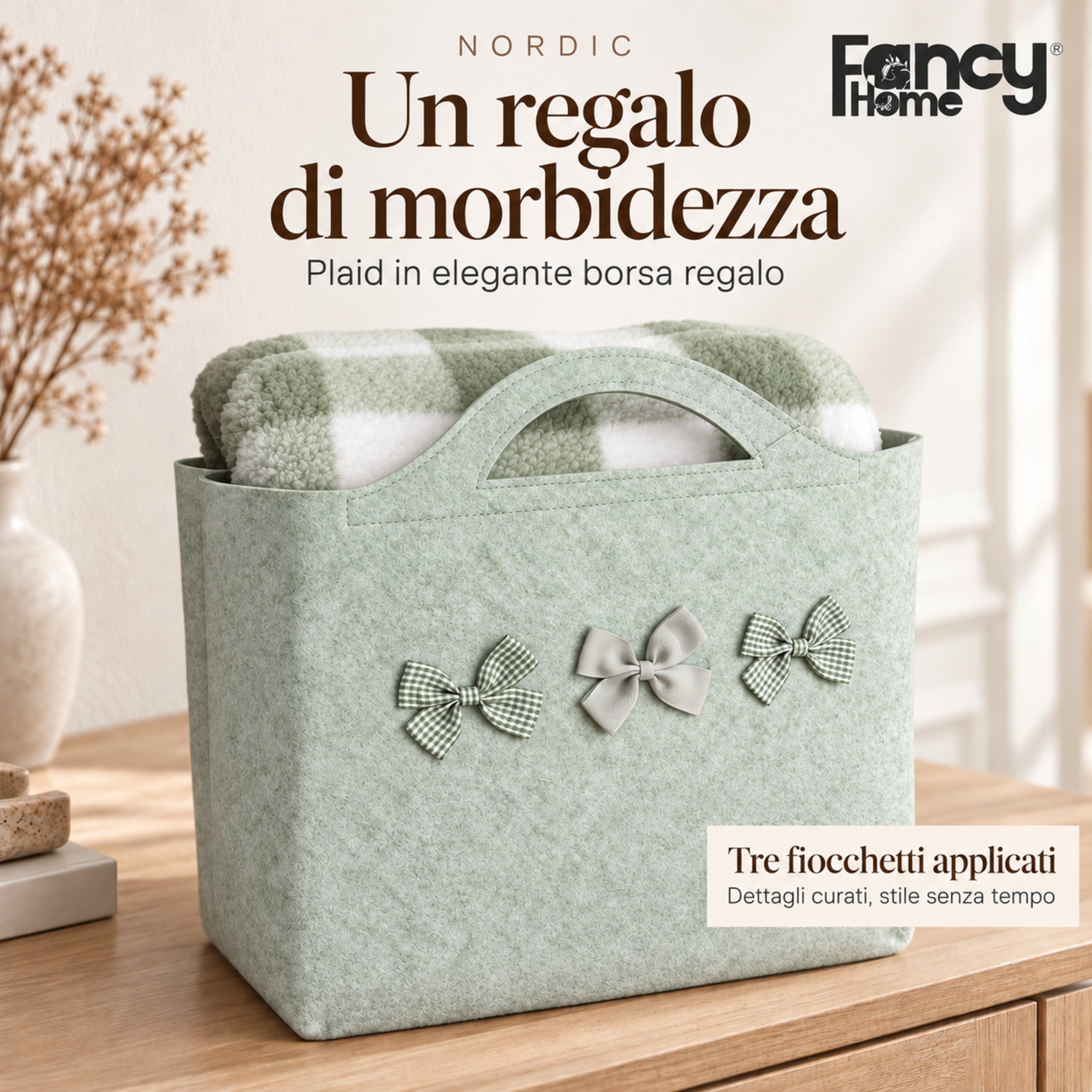 Borsa regalo Nordic verde chiaro con manici e tre fiocchetti decorativi, contenente il plaid a quadri verdi e bianchi.
