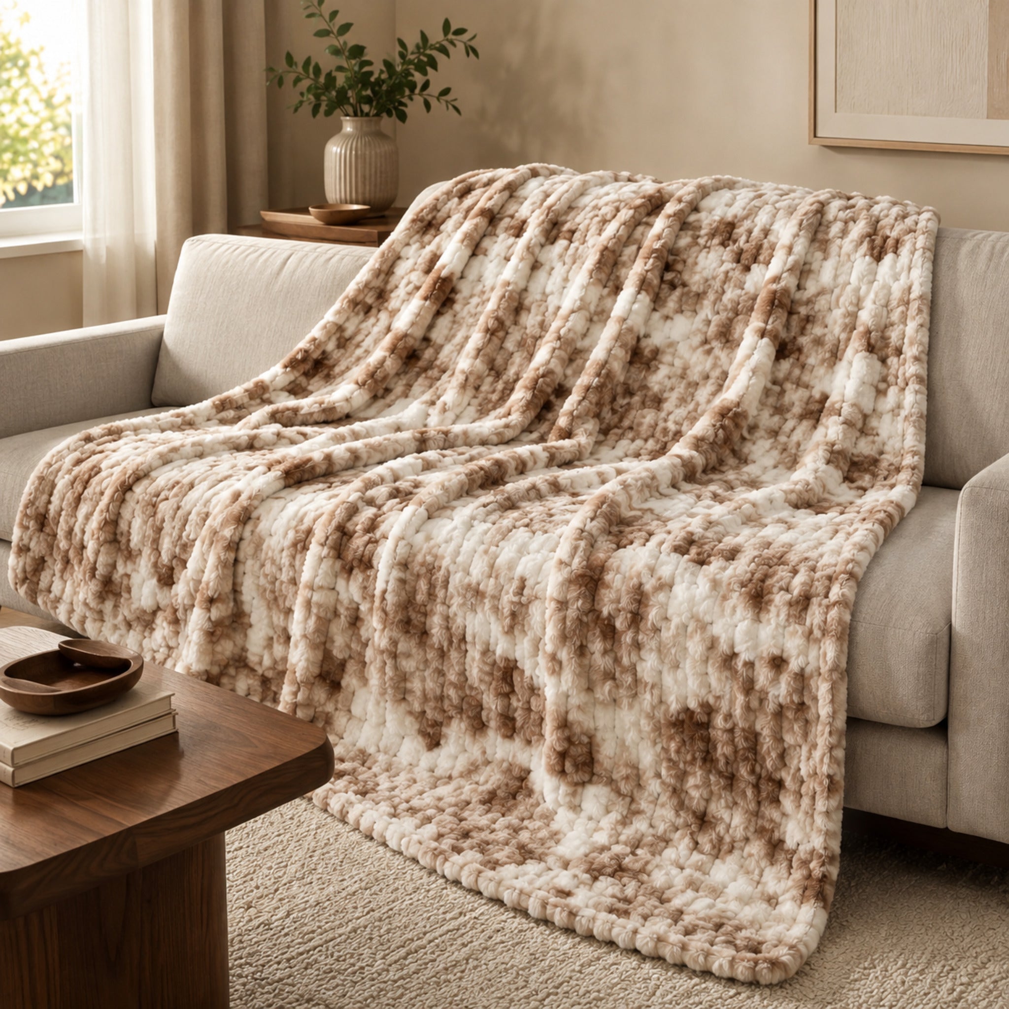 Plaid invernale Fancy Home Oklahoma Beige 193x193 cm ambientato sul divano