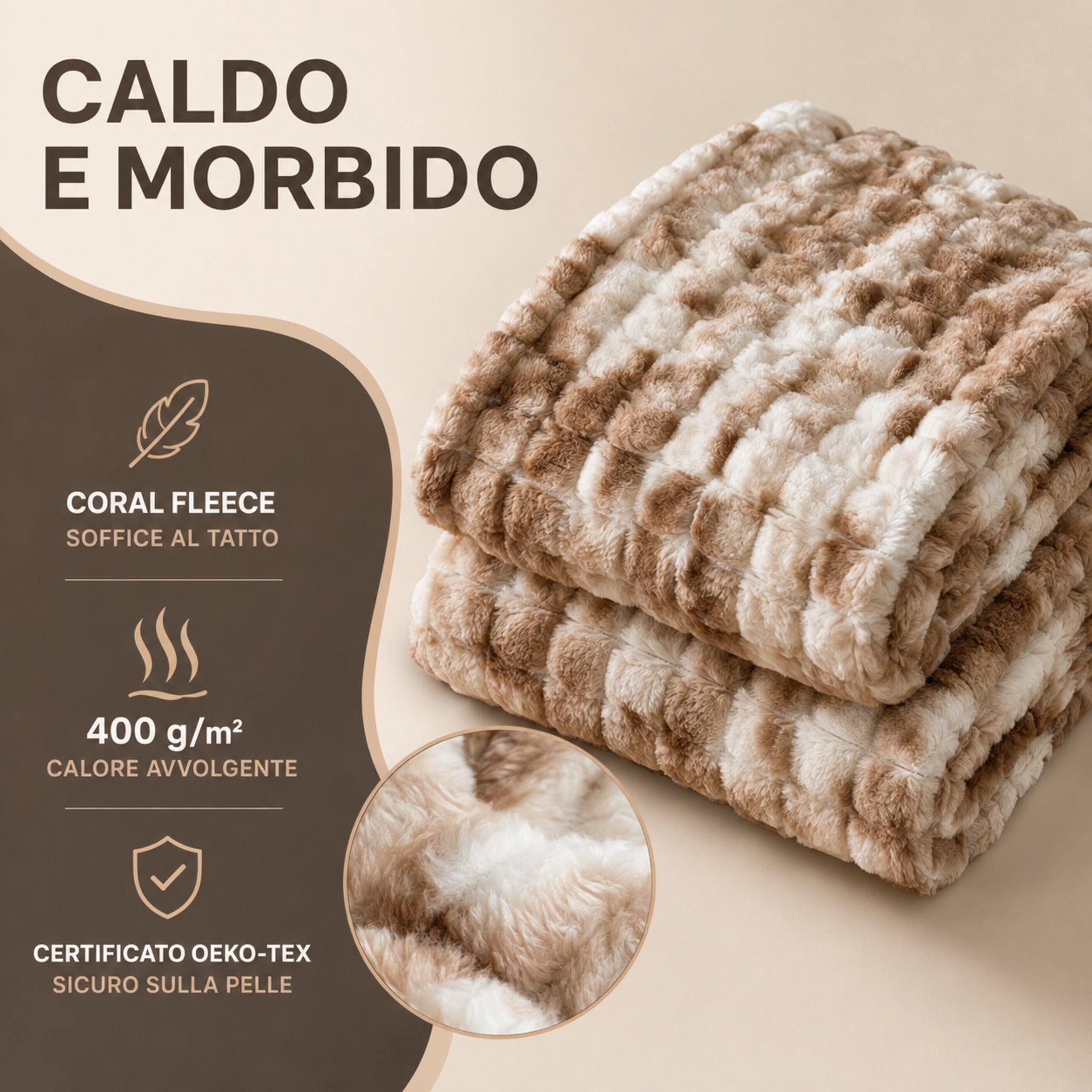 Plaid Oklahoma Beige in coral fleece da 400 g/m² caldo e morbido