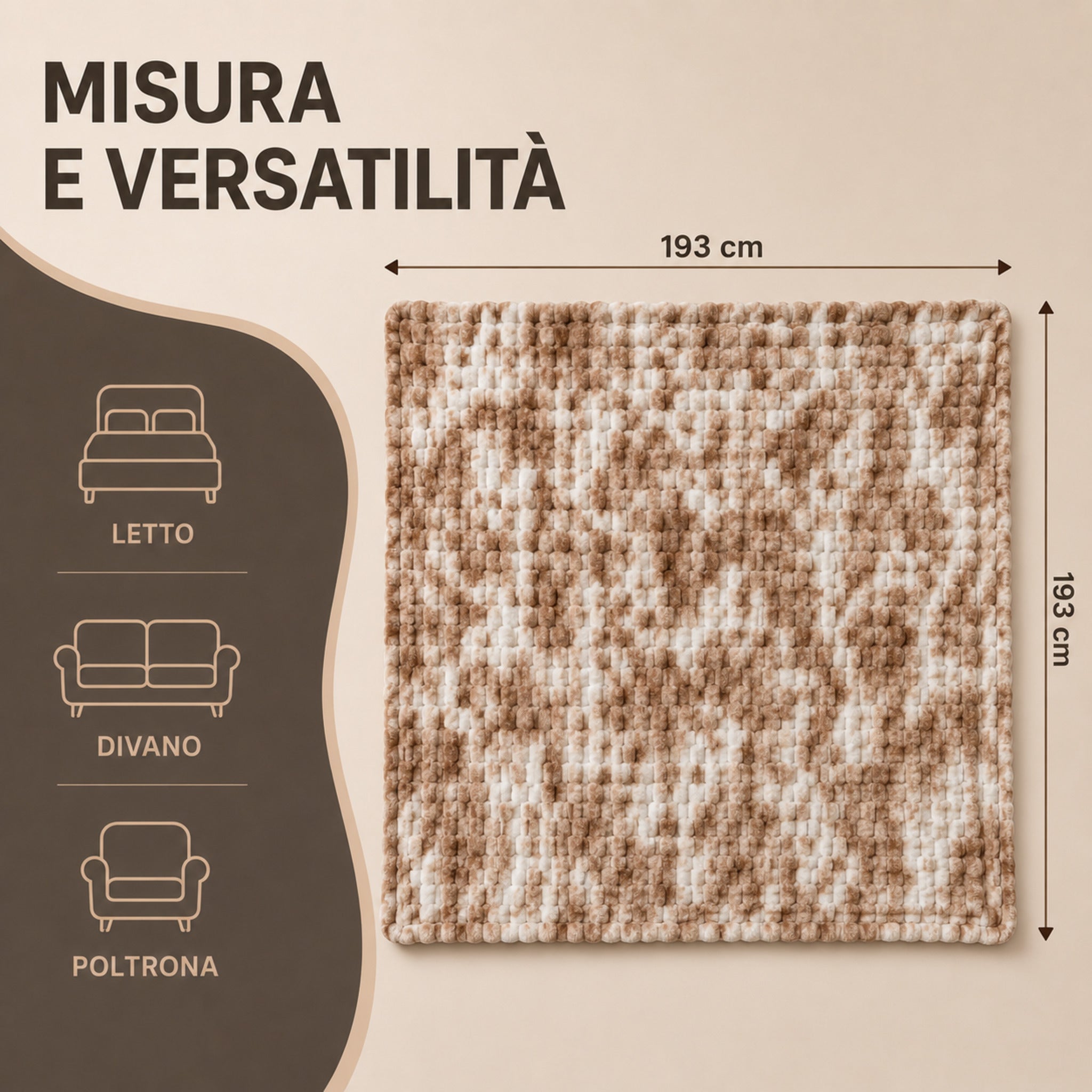 Misure 193x193 cm del plaid Fancy Home Oklahoma Beige per letto, divano e poltrona