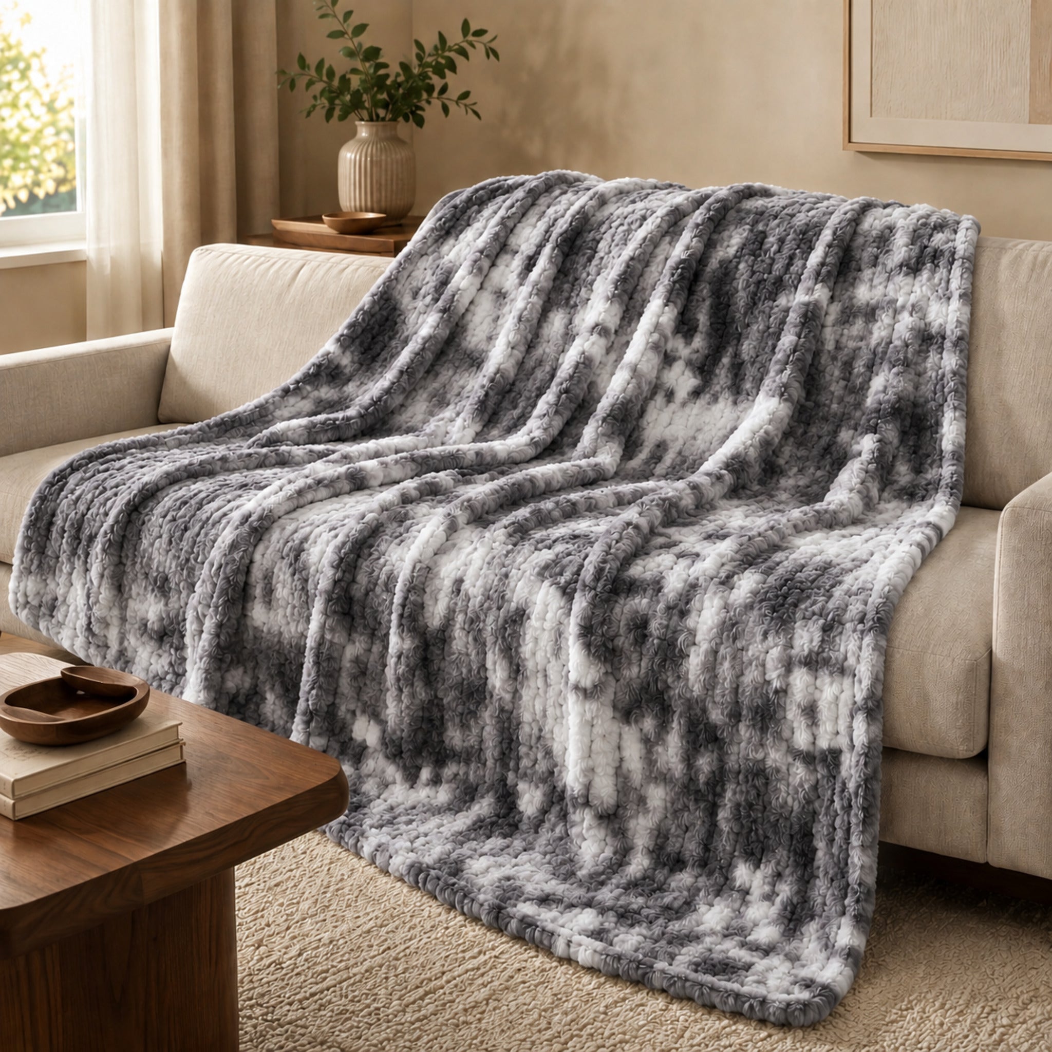 Plaid invernale Fancy Home Oklahoma Grigio 193x193 cm ambientato sul divano