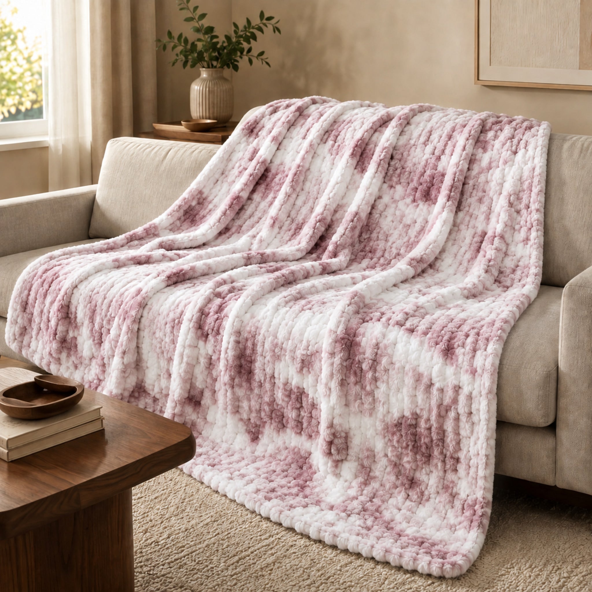 Plaid invernale Fancy Home Oklahoma Malva 193x193 cm ambientato sul divano