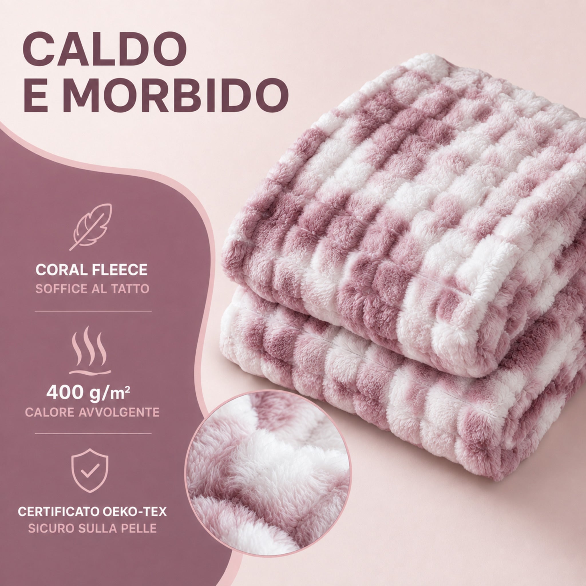 Plaid Oklahoma Malva in coral fleece da 400 g/m² caldo e avvolgente