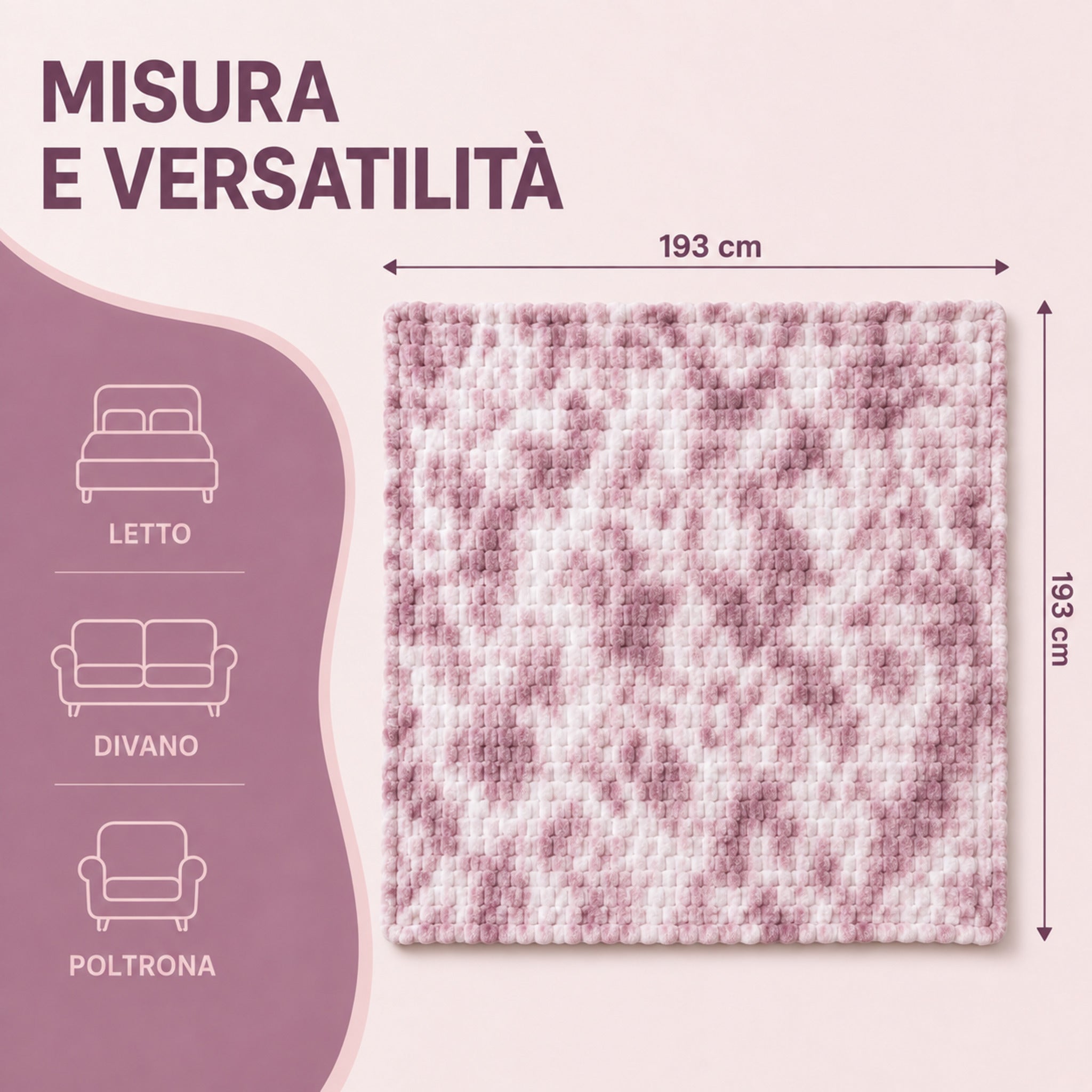 Misure 193x193 cm del plaid Fancy Home Oklahoma Malva per letto, divano e poltrona