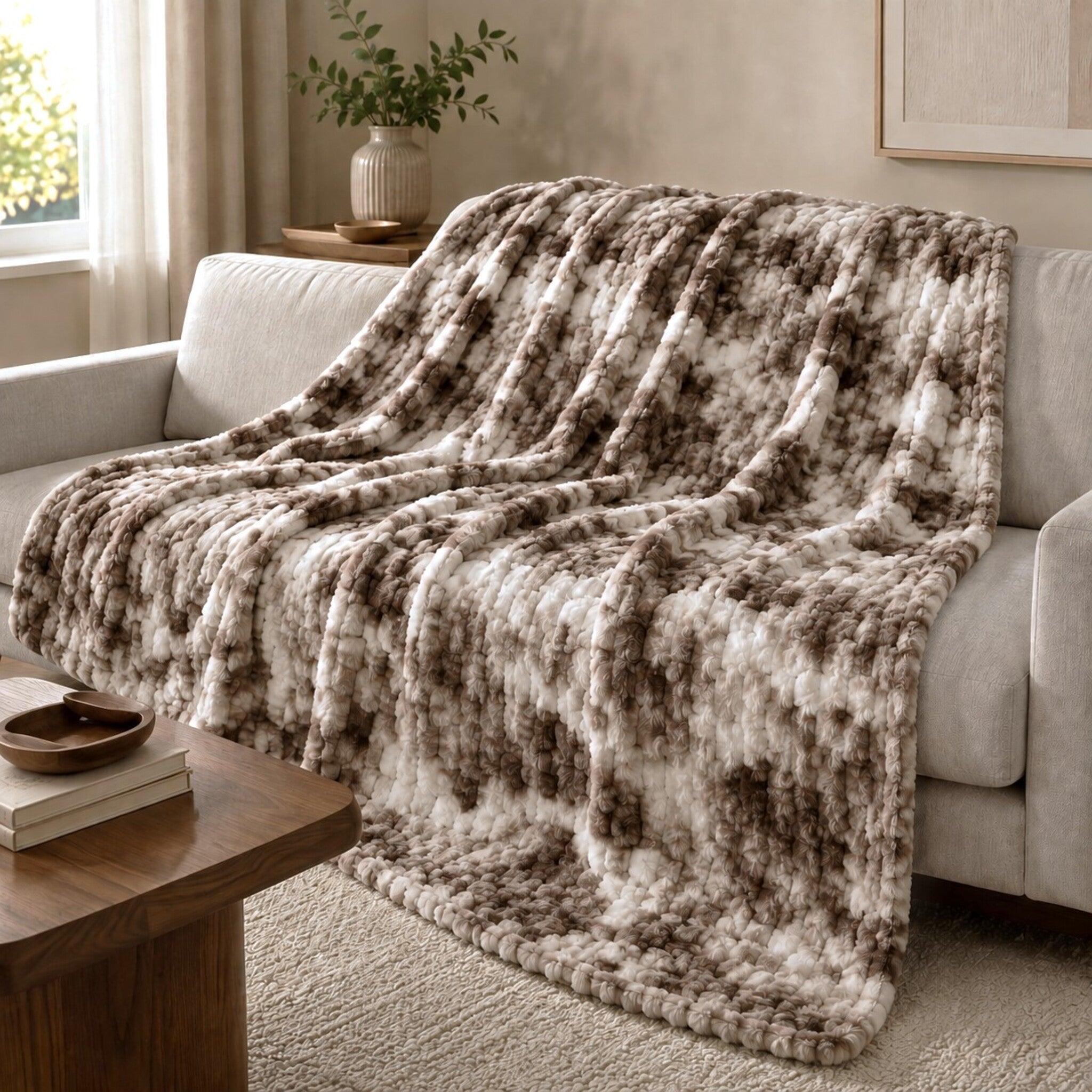 Plaid invernale Fancy Home Oklahoma Tabacco 193x193 cm ambientato sul divano