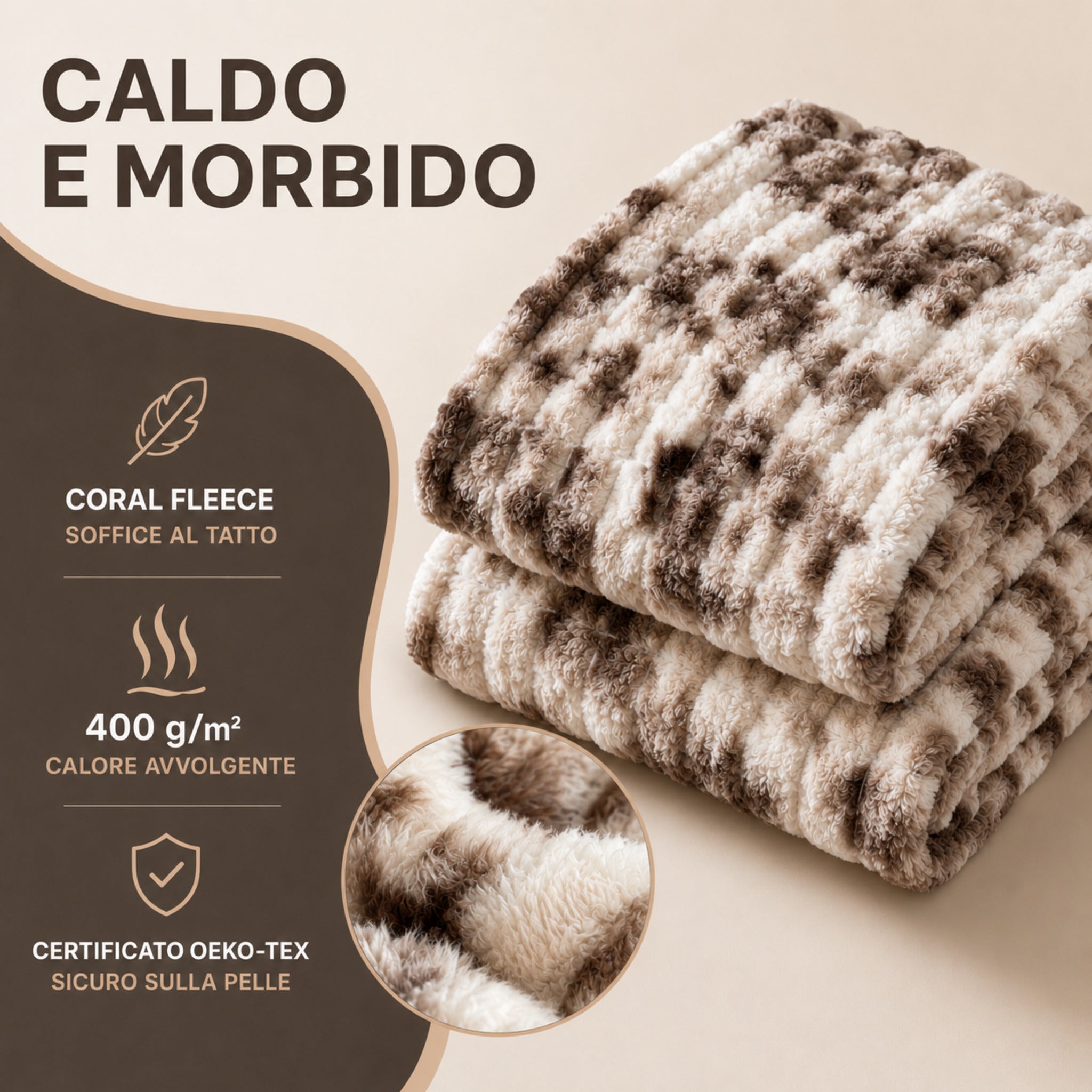 Plaid Oklahoma Tabacco in coral fleece da 400 g/m² certificato OEKO-TEX