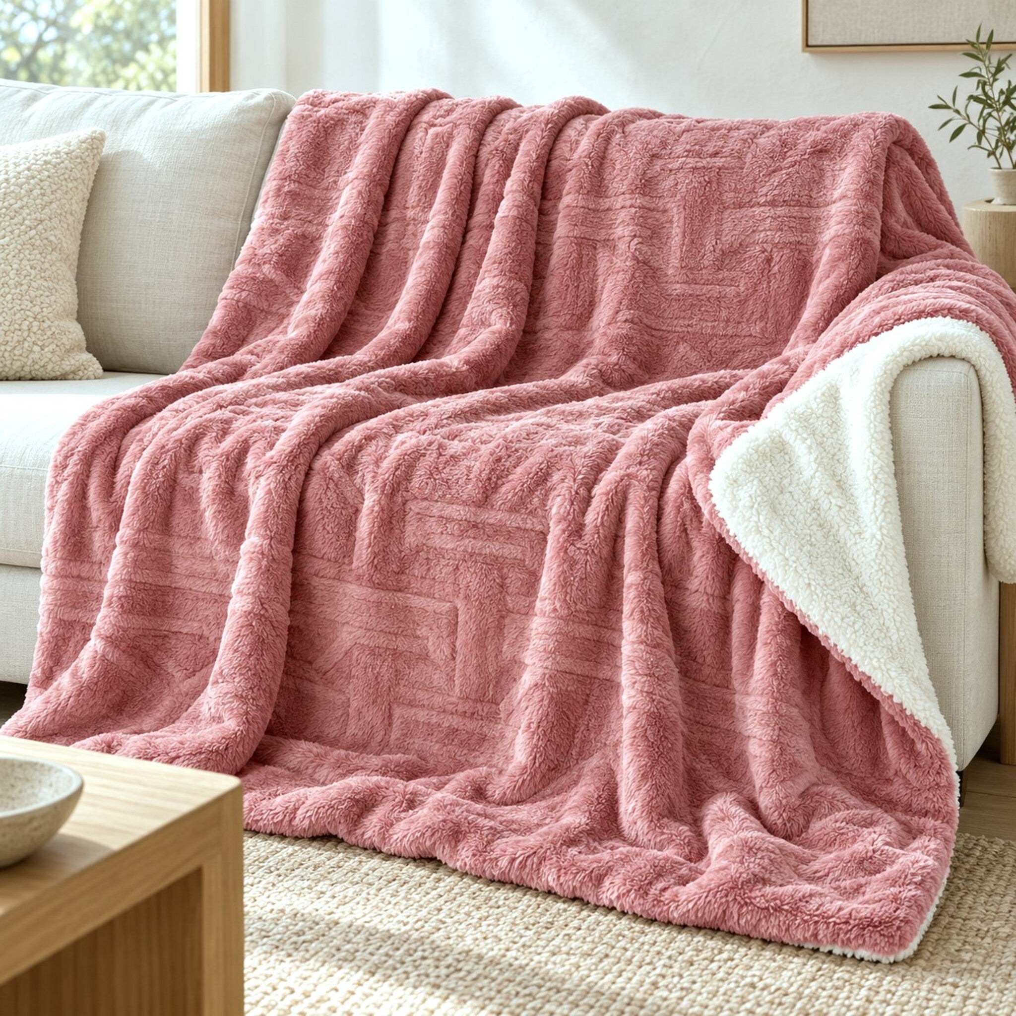 Plaid Gisela 50029 rosa con motivo geometrico, disteso sul divano con retro in sherpa bianca ripiegato.