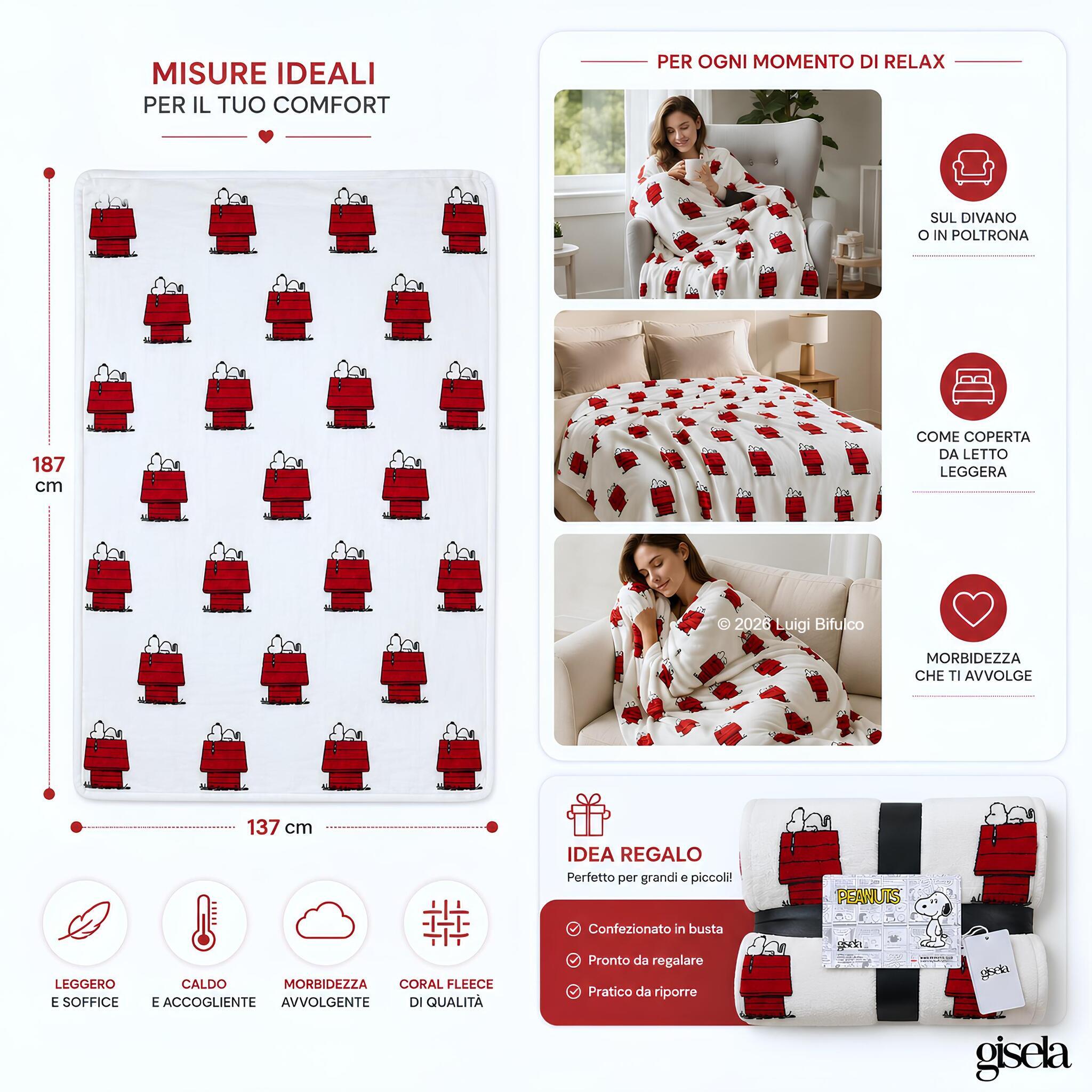 Plaid Gisela Snoopy 137x187 cm con misure, utilizzi e confezione regalo