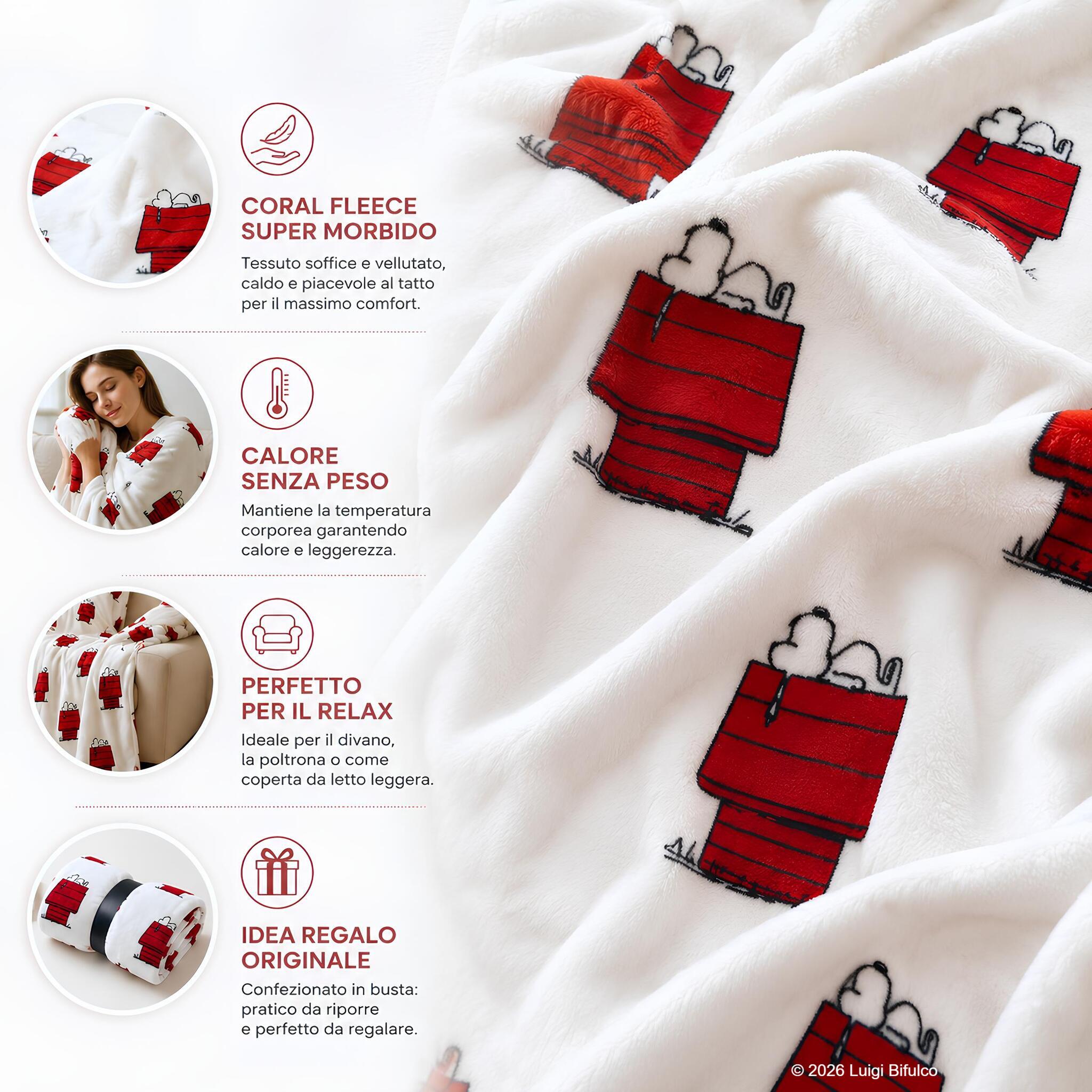 Dettaglio del tessuto Coral Fleece del plaid Gisela Snoopy con stampa Allover super morbida