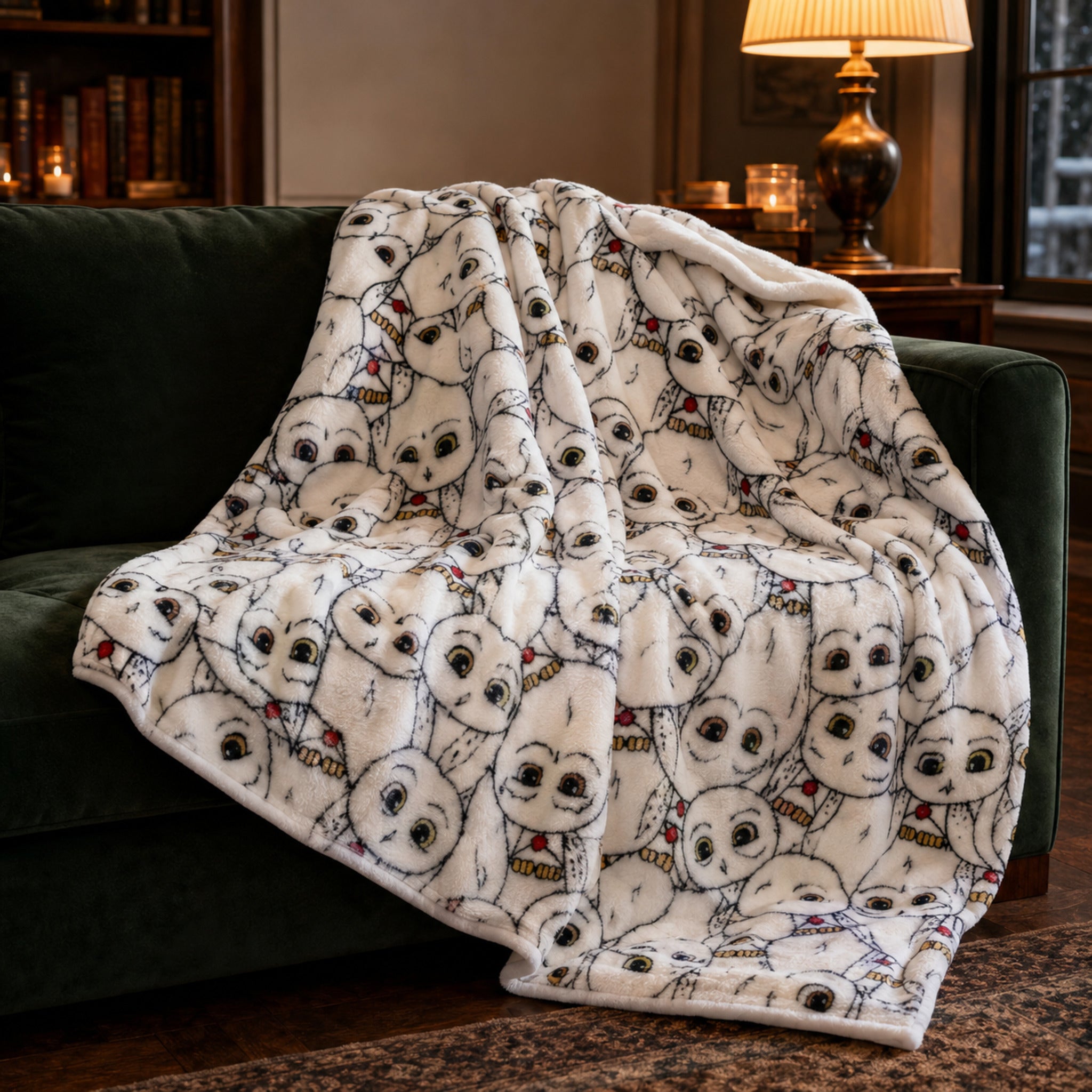 Plaid Harry Potter Edvige in coral fleece ambientato su un divano verde
