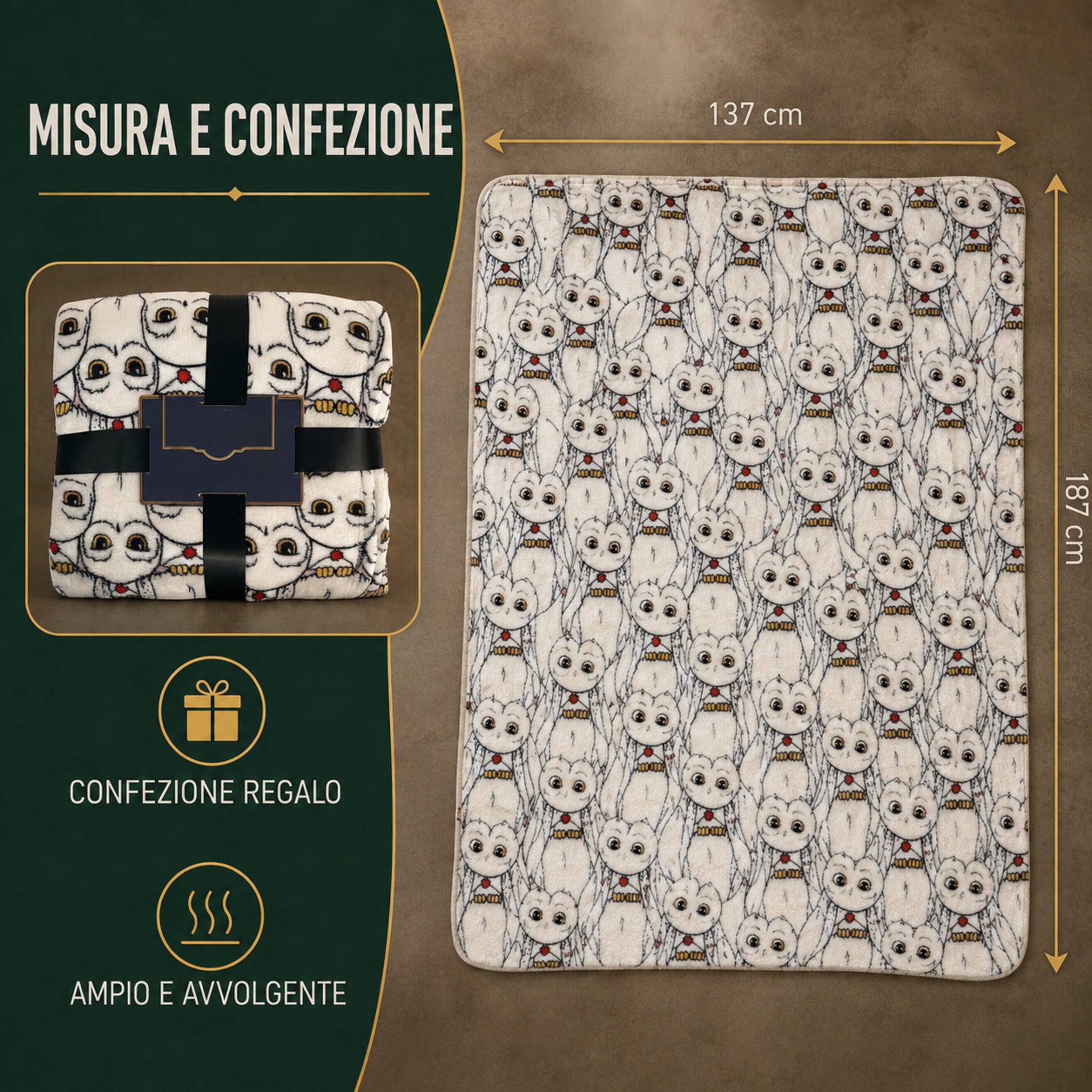 Plaid Harry Potter Edvige aperto con misure 137x187 cm e confezione regalo