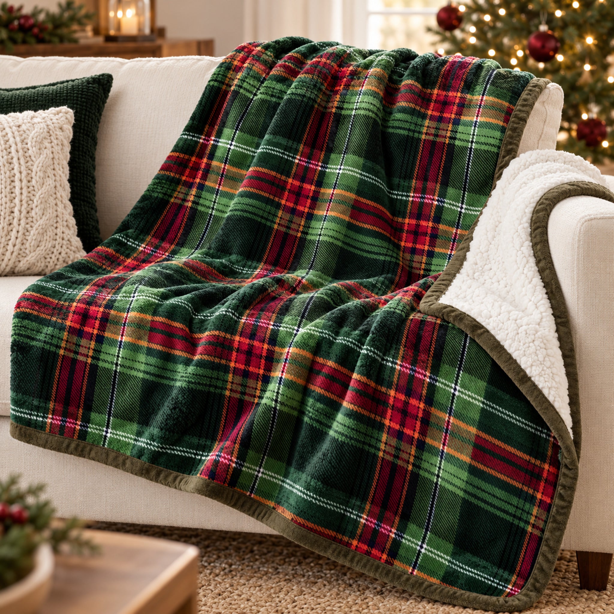 Plaid Admas tartan verde e rosso disteso su un divano chiaro, con risvolto in sherpa bianca e bordo verde oliva.