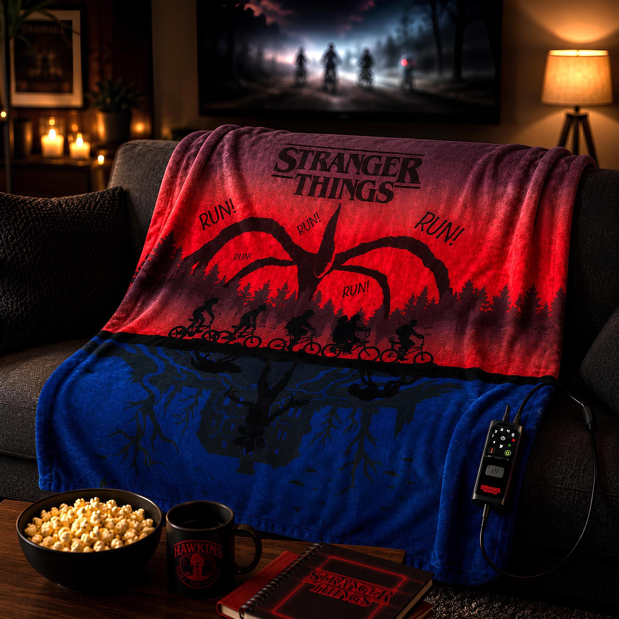 Plaid riscaldabile Imetec Stranger Things 160x120 cm in velluto con Tecnologia Adapto sul divano