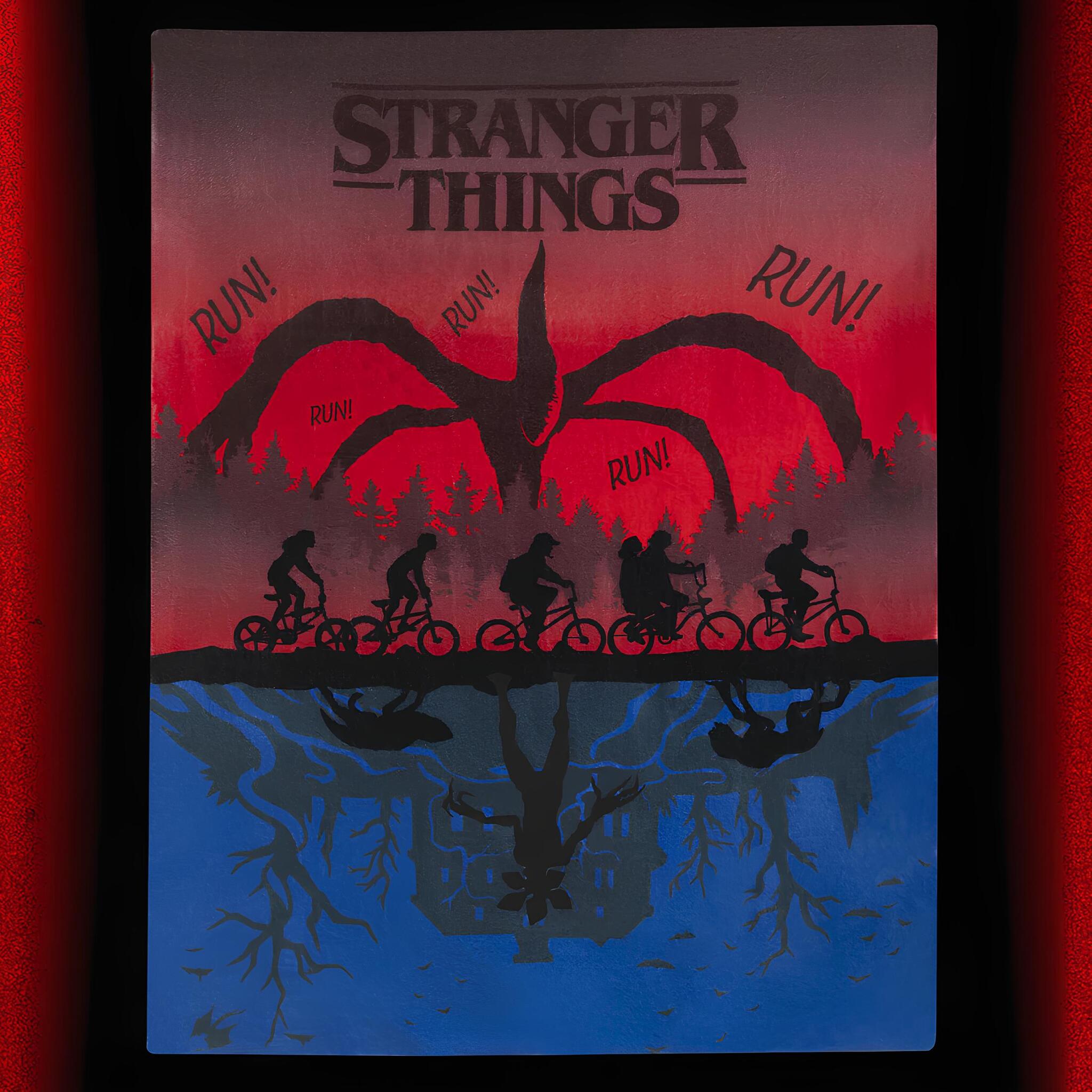 Dettaglio dell'effetto termosensibile del plaid riscaldabile Stranger Things con Demogorgone