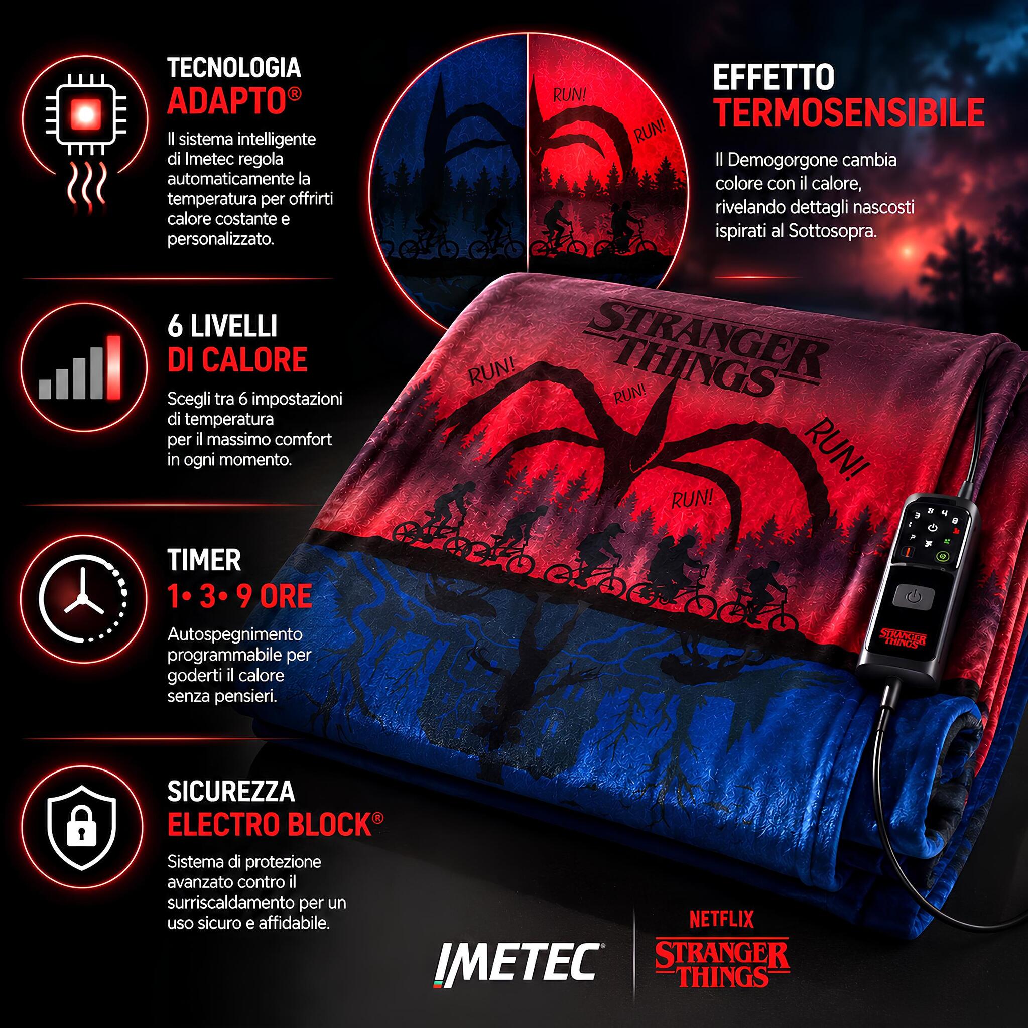 Tecnologia Adapto, timer, 6 livelli di calore e sistema Electro Block del plaid Imetec Stranger Things