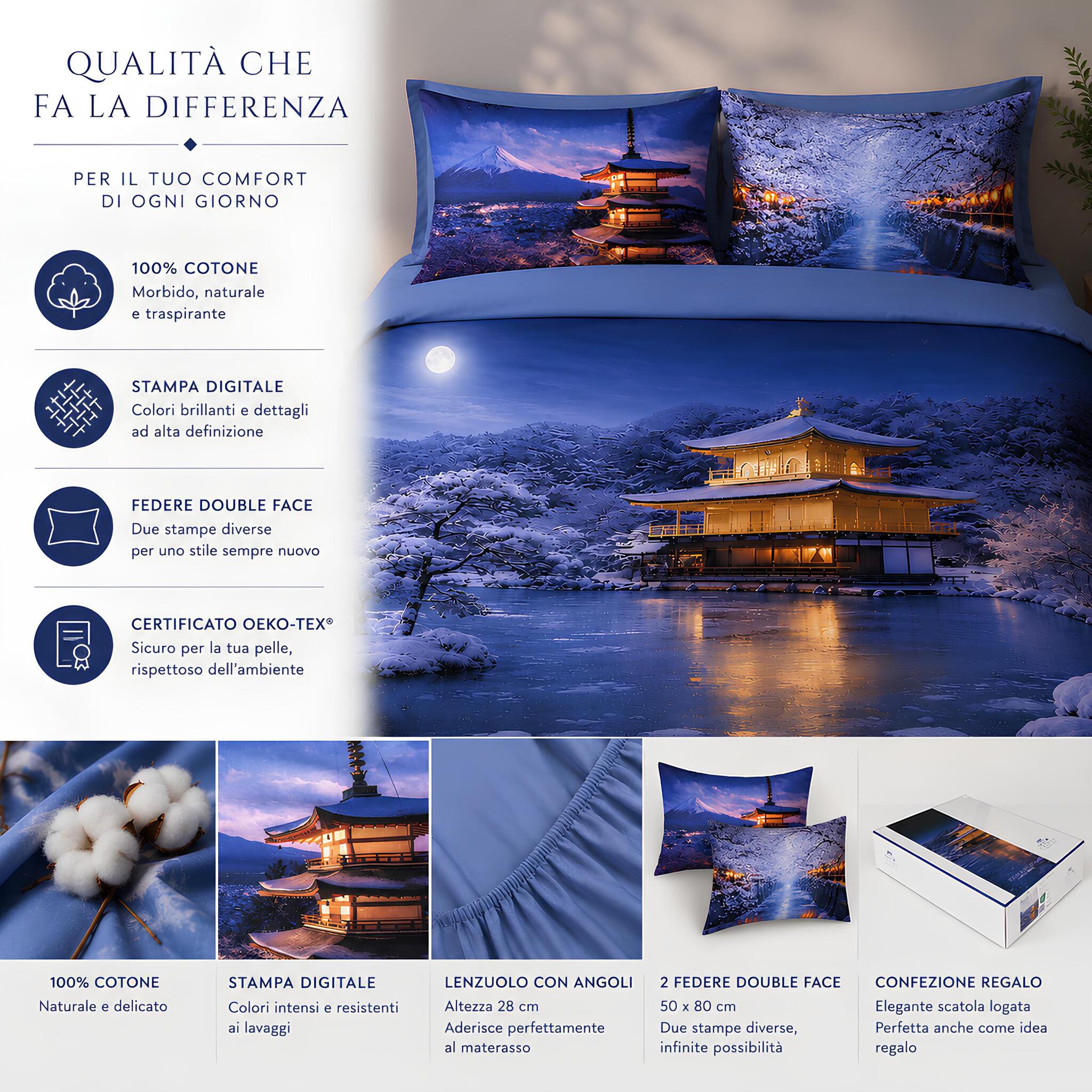 Infografica delle caratteristiche del completo copripiumino matrimoniale Caleffi Pagoda in 100% cotone certificato OEKO-TEX