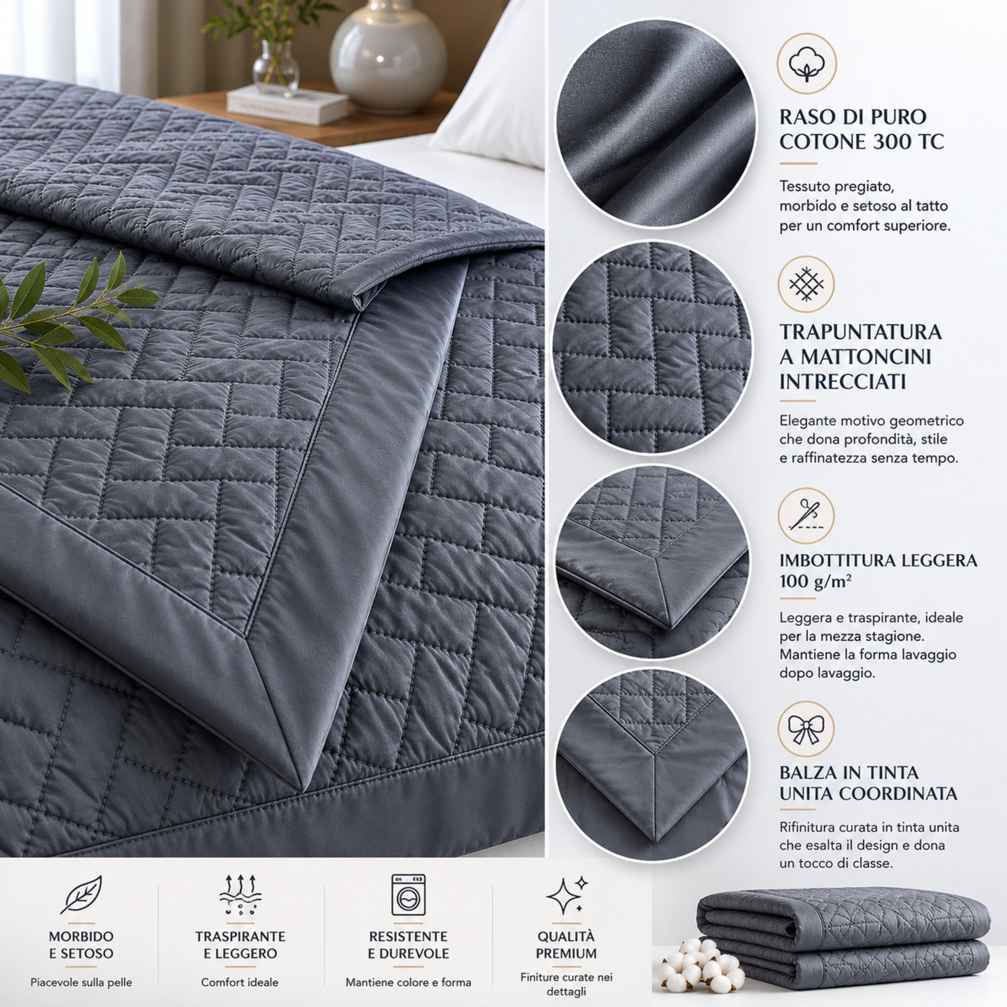 Dettagli tessuto e trapuntatura copriletto Rebecca Home Helen grigio in raso di cotone 300 TC