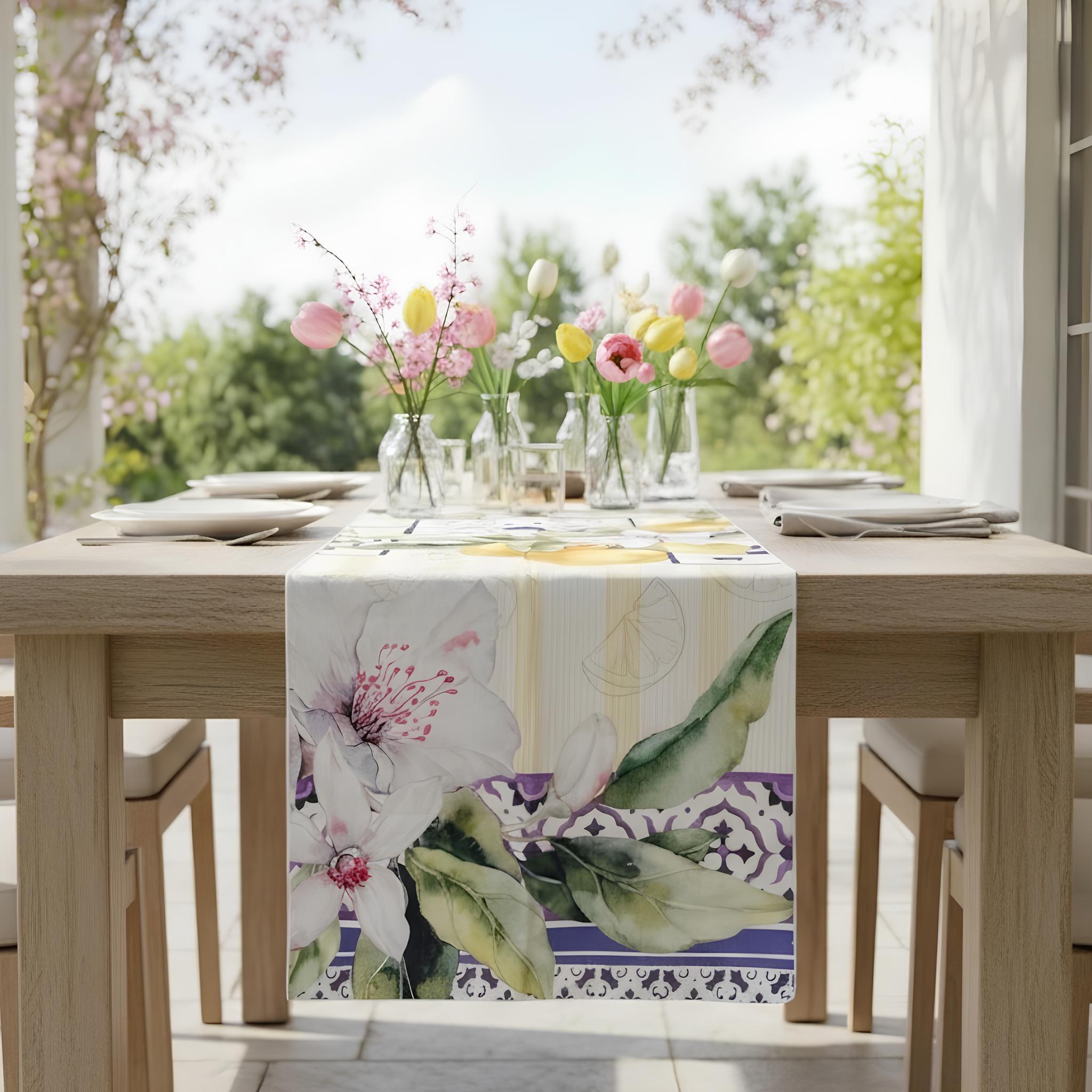 runner da tavola antimacchia maison sucrée maiori eterna con fantasia floreale mediterranea e limoni
