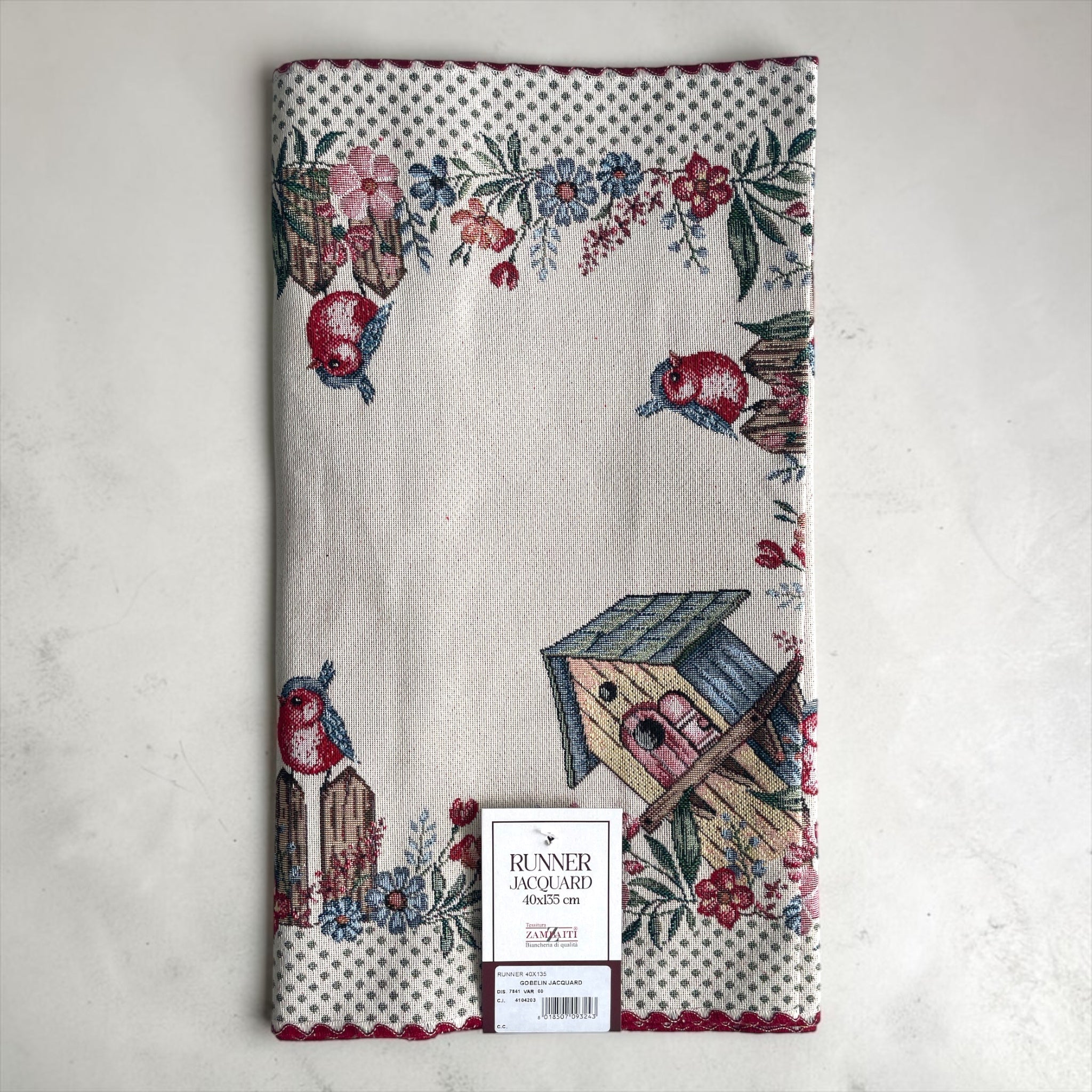 Runner gobelin jacquard Zambaiti con fantasia floreale e uccellini decorativi