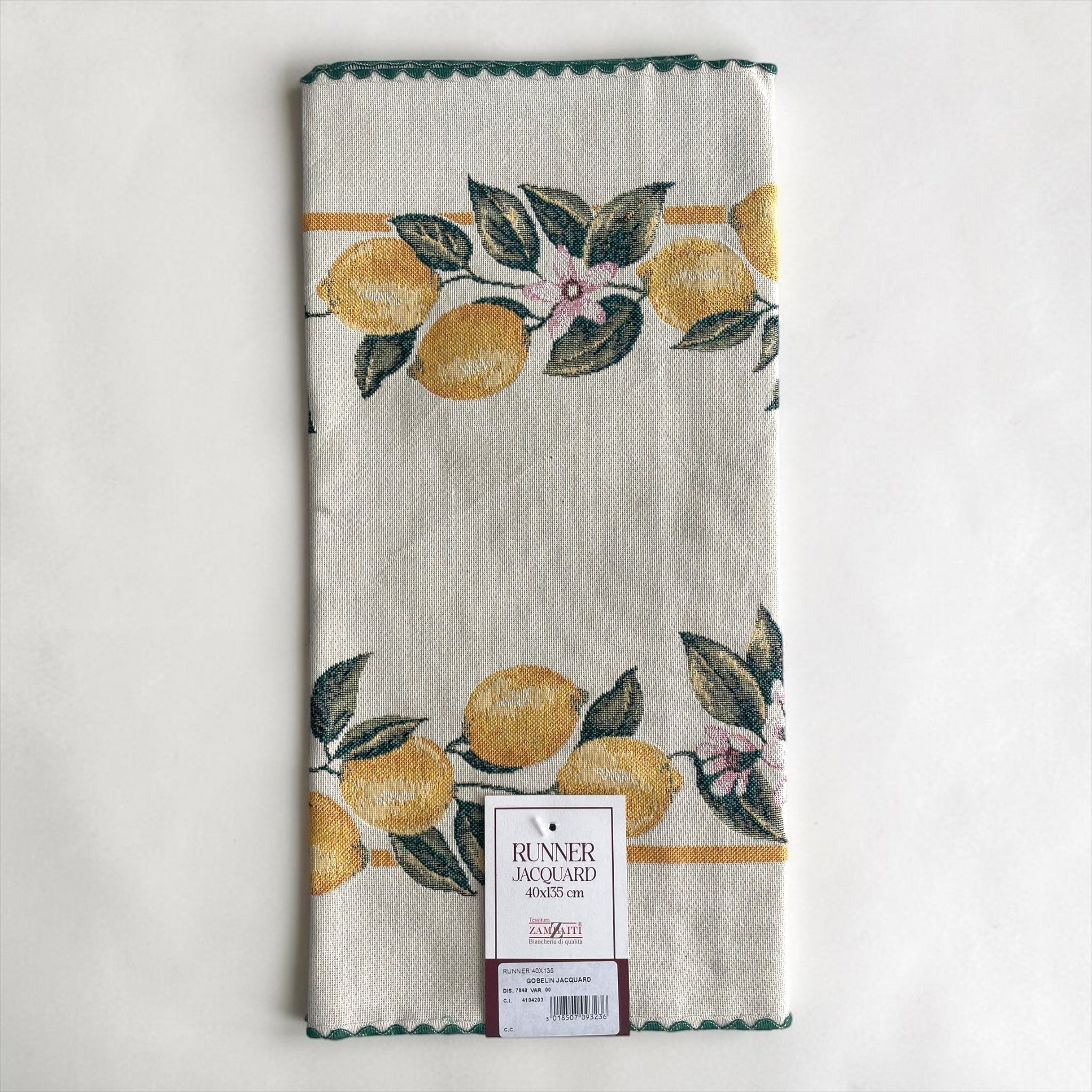 Runner gobelin jacquard Zambaiti con fantasia limoni gialli e foglie verdi