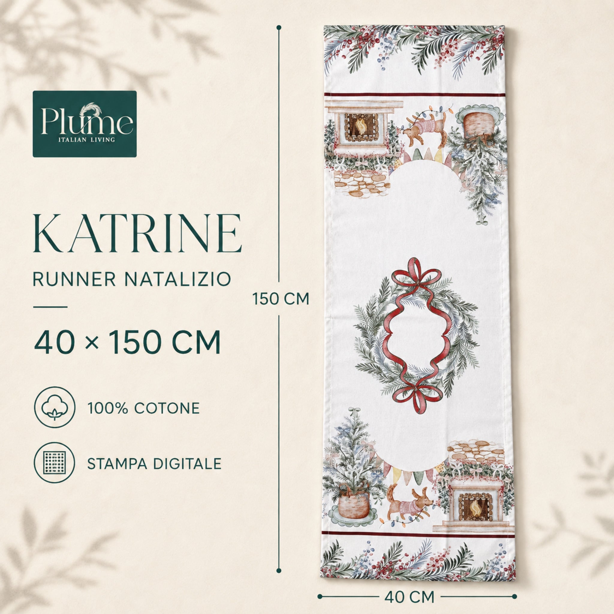 Runner natalizio Katrine 40x150 cm in 100% cotone con stampa digitale