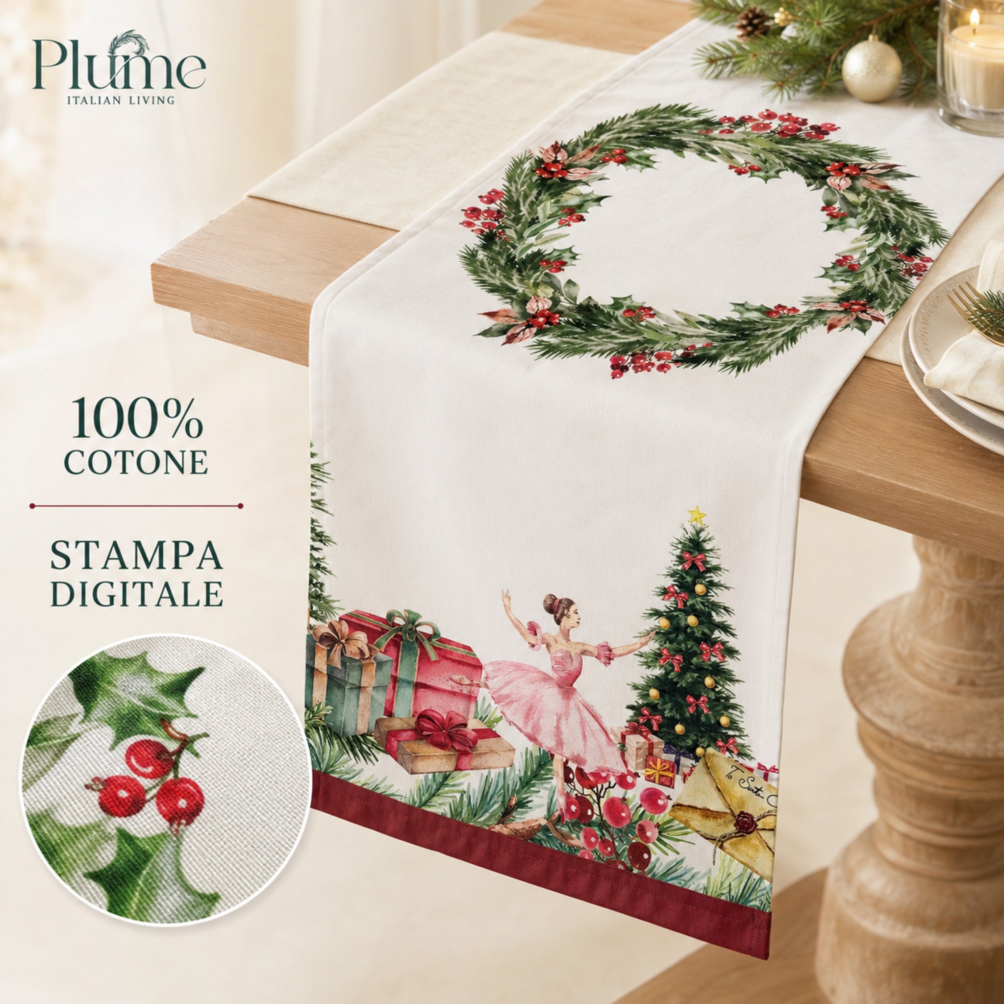 Runner natalizio Plume in 100% cotone con stampa digitale e ghirlanda