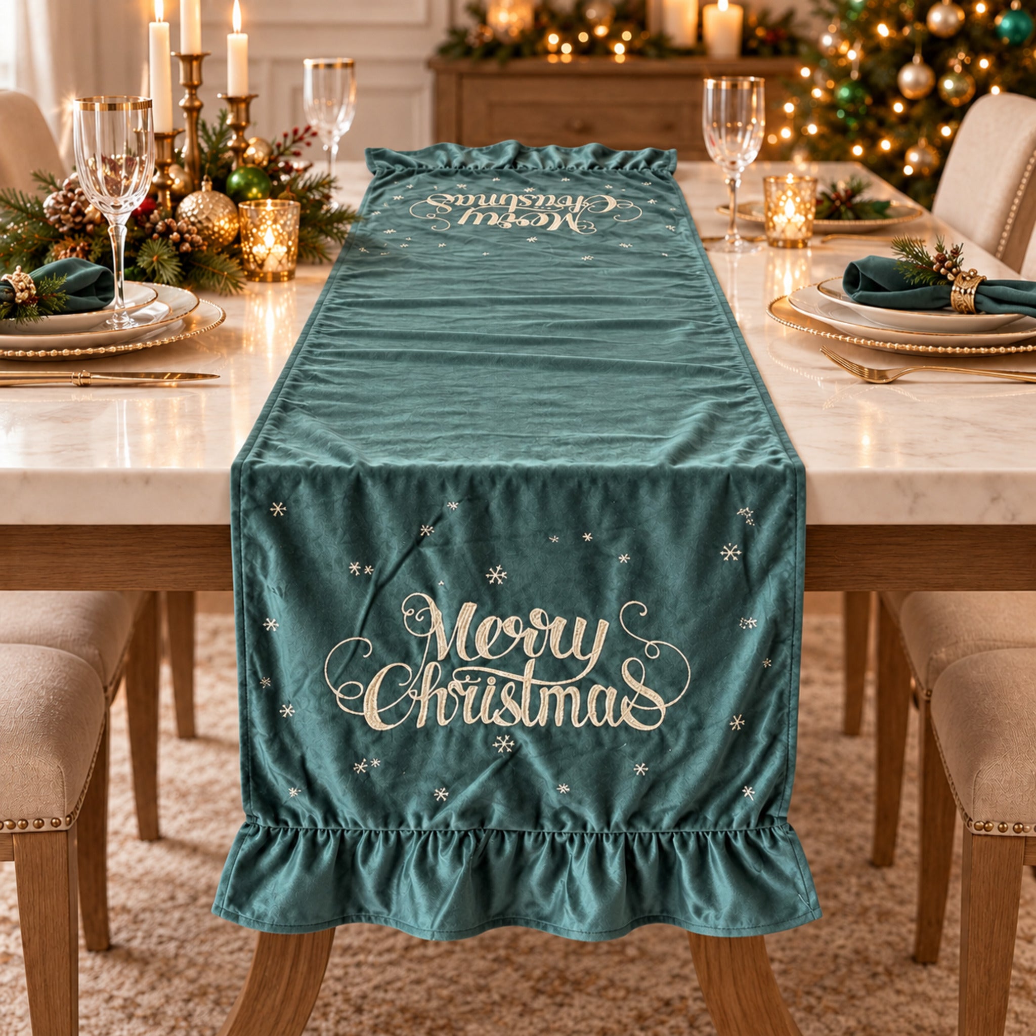Runner da tavola natalizio Plume Merry Stars verde in velluto 45x150 cm con ricamo Merry Christmas