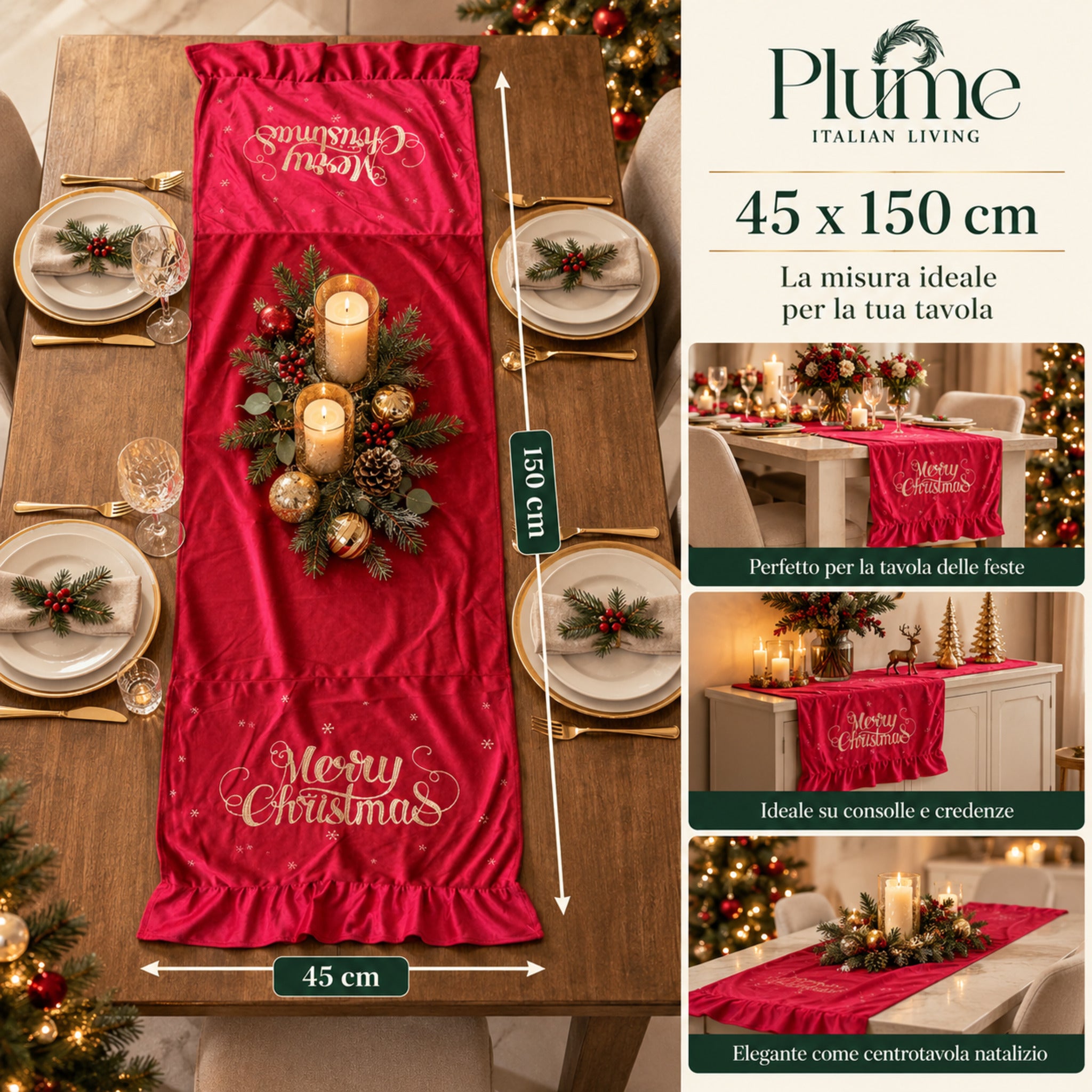 Runner natalizio Plume rosso misura 45x150 cm utilizzabile su tavolo, consolle e credenza