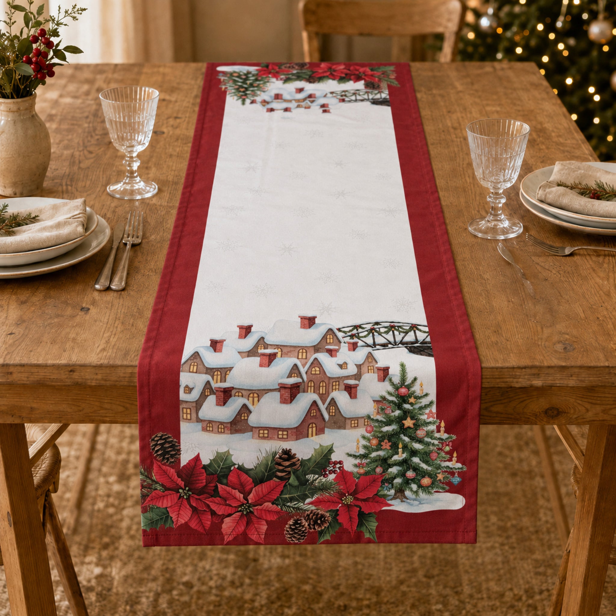 Runner natalizio Plume Snowland 40x150 cm ambientato su tavola in legno