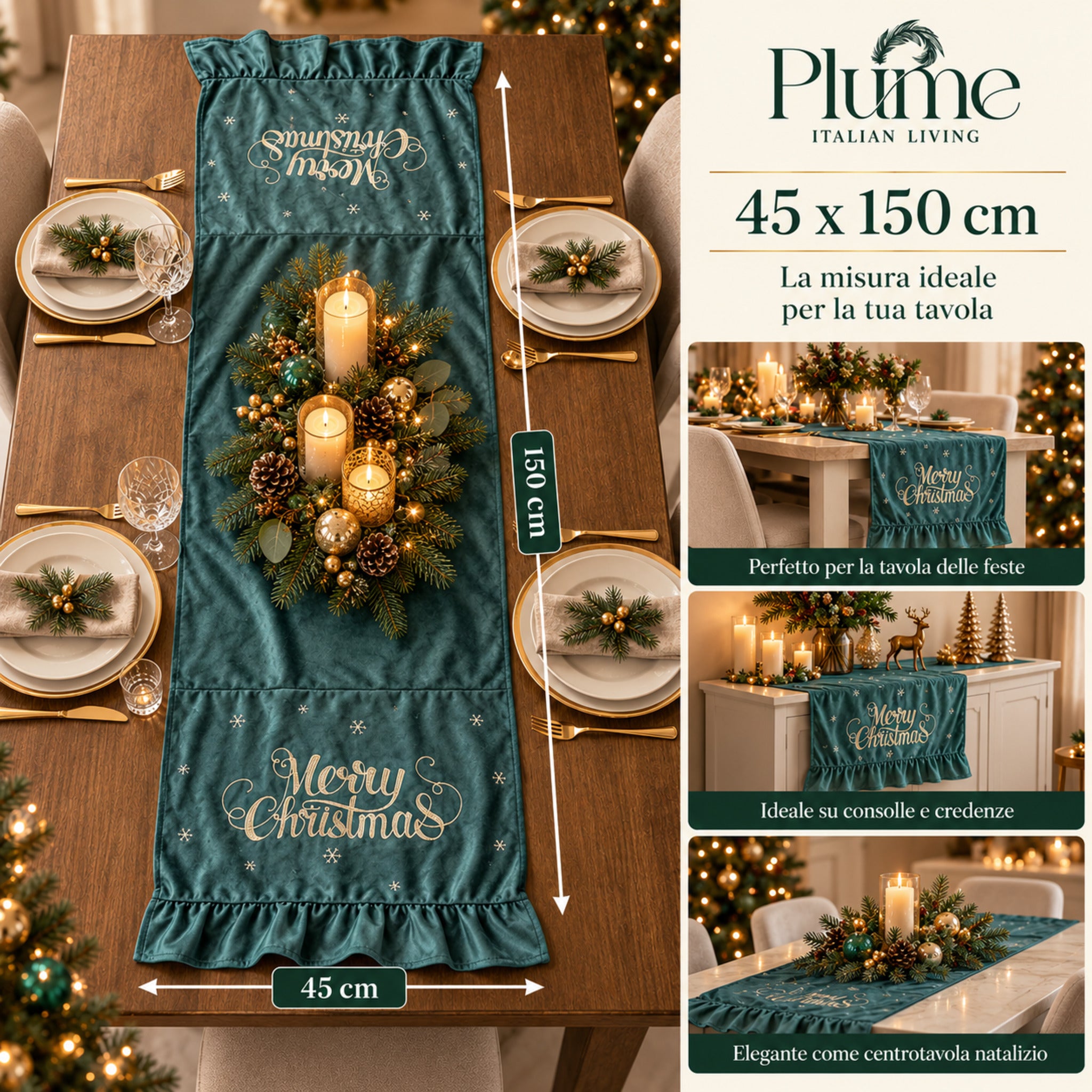 Runner natalizio Plume verde 45x150 cm per tavola delle feste, consolle, credenza e centrotavola