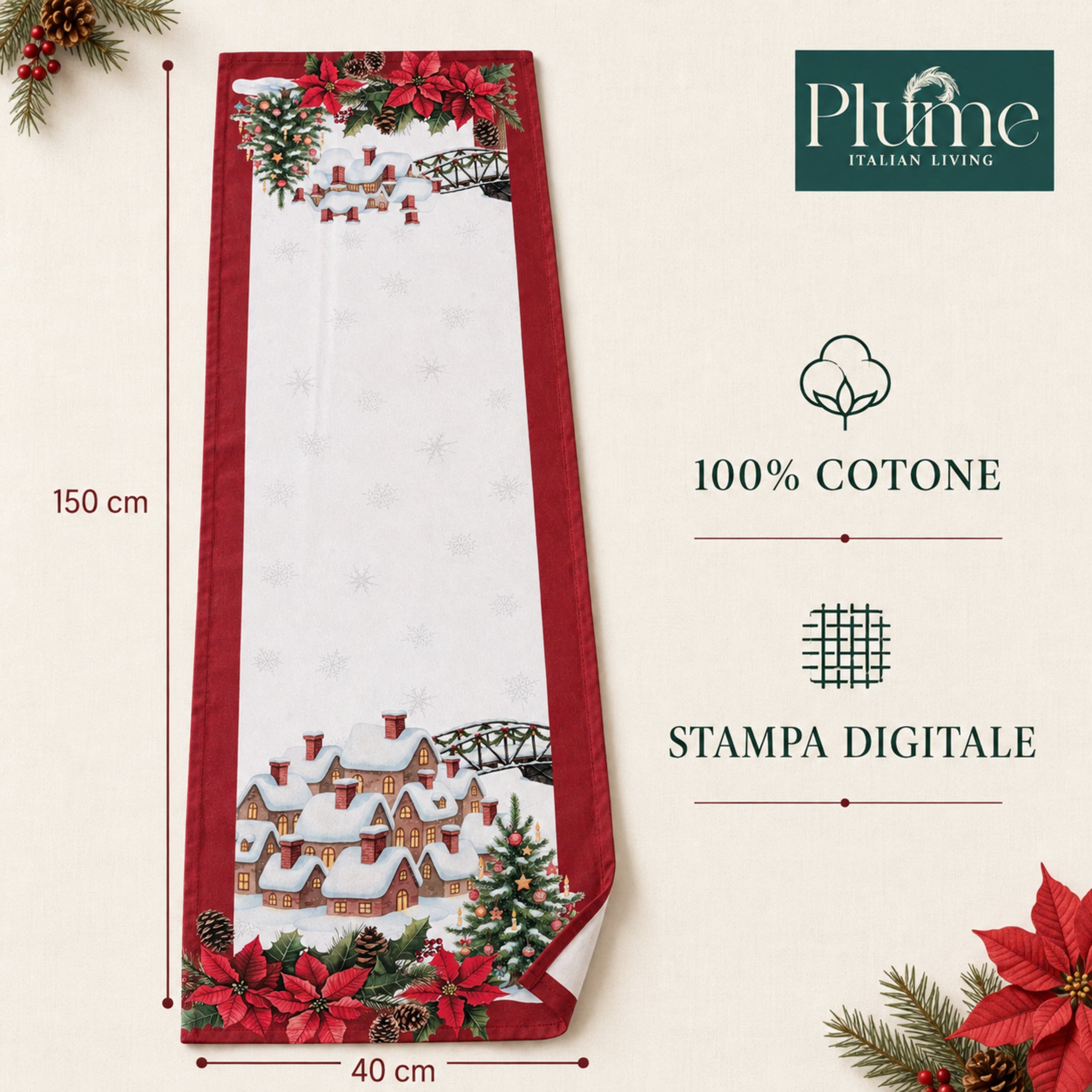 Runner natalizio Snowland 40x150 cm in 100% cotone con stampa digitale