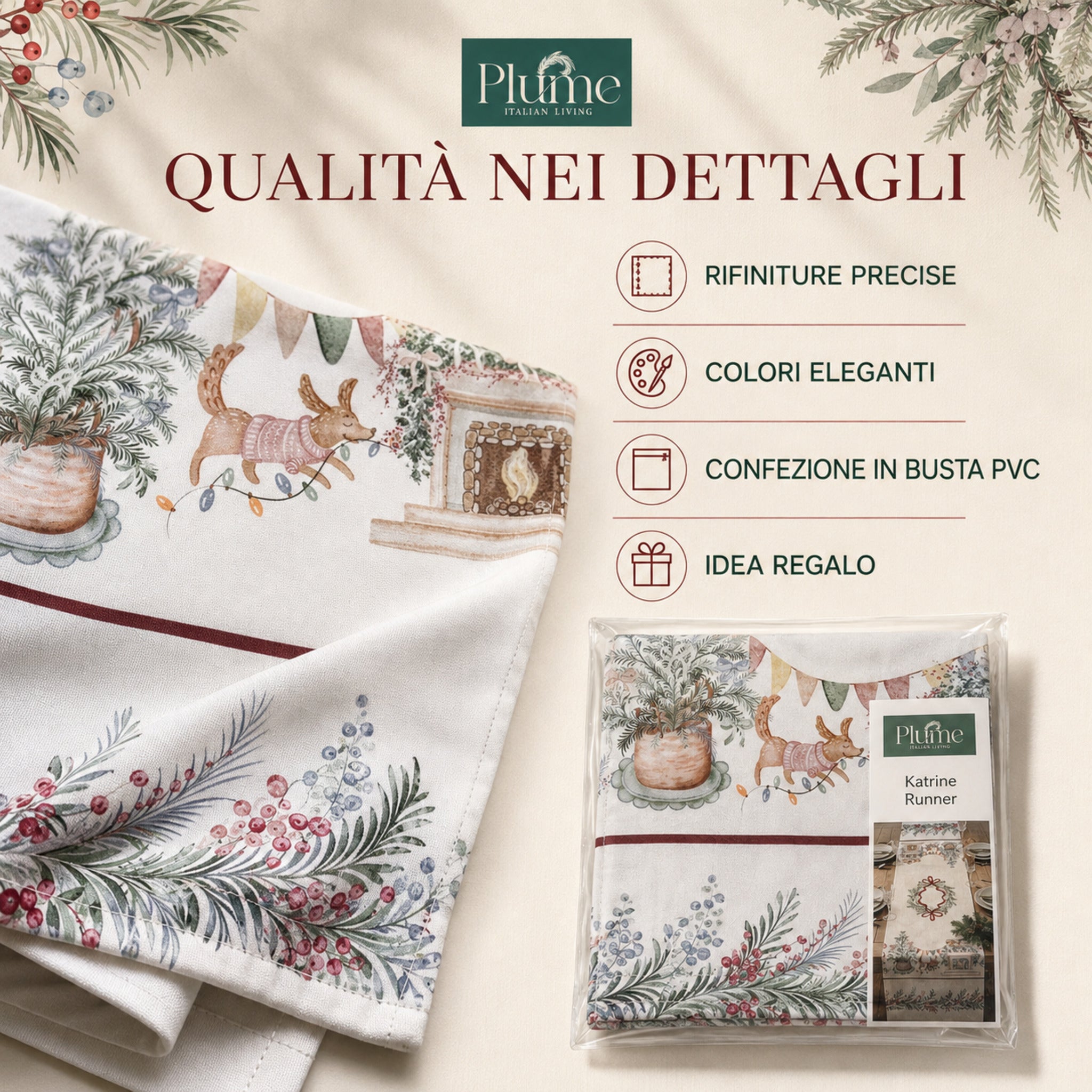 Dettaglio del runner Plume Katrine con rifiniture precise e colori natalizi