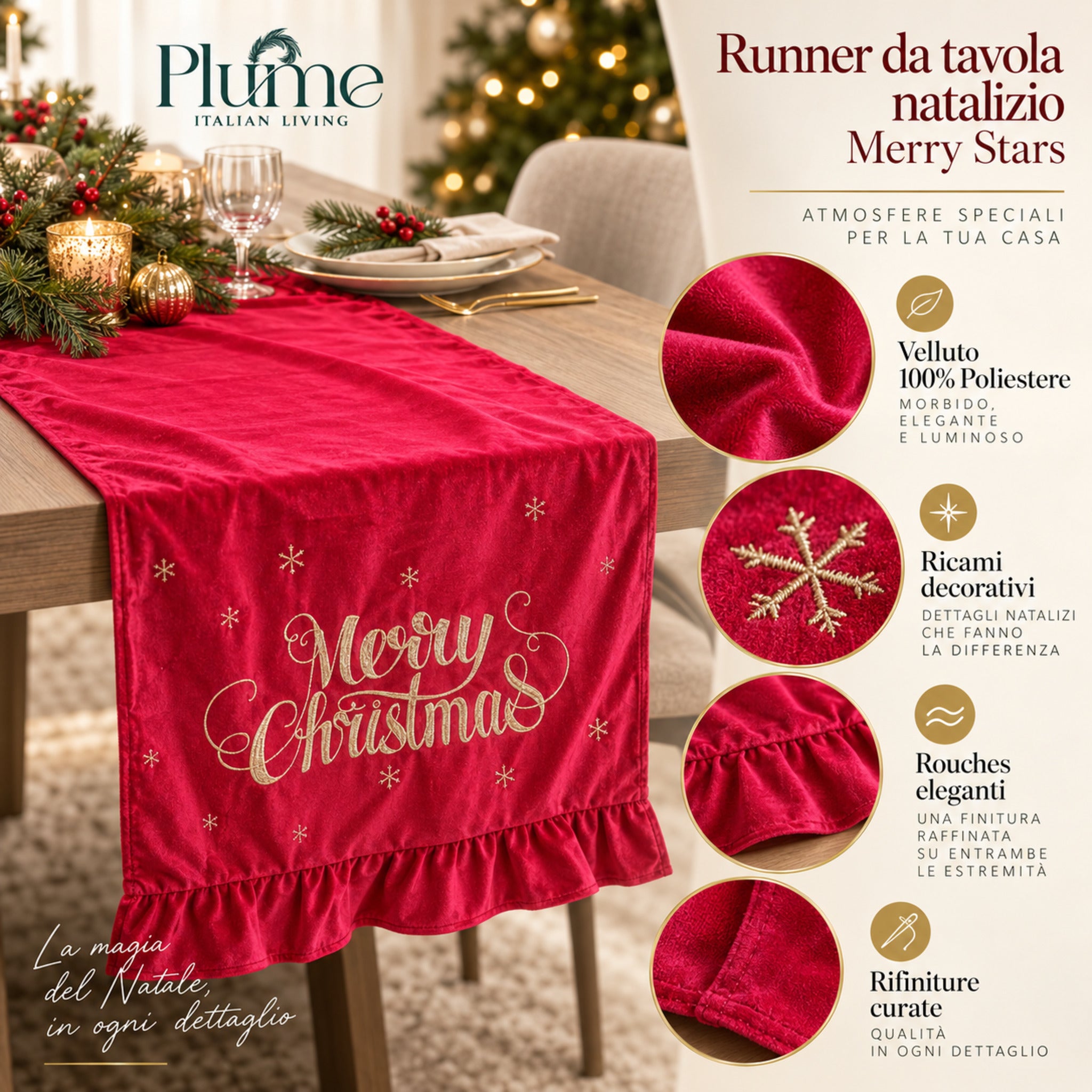Dettagli Runner Plume Merry Stars rosso in velluto con ricami natalizi, rouches e rifiniture curate