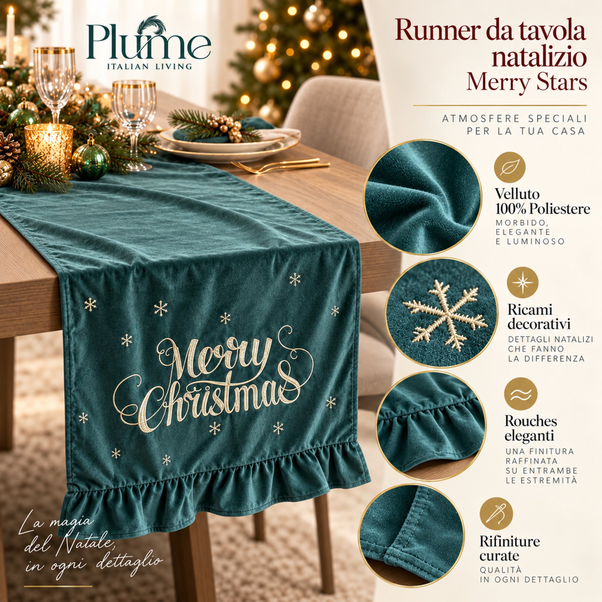 Dettagli Runner Plume Merry Stars verde in velluto con ricami natalizi, rouches e rifiniture curate