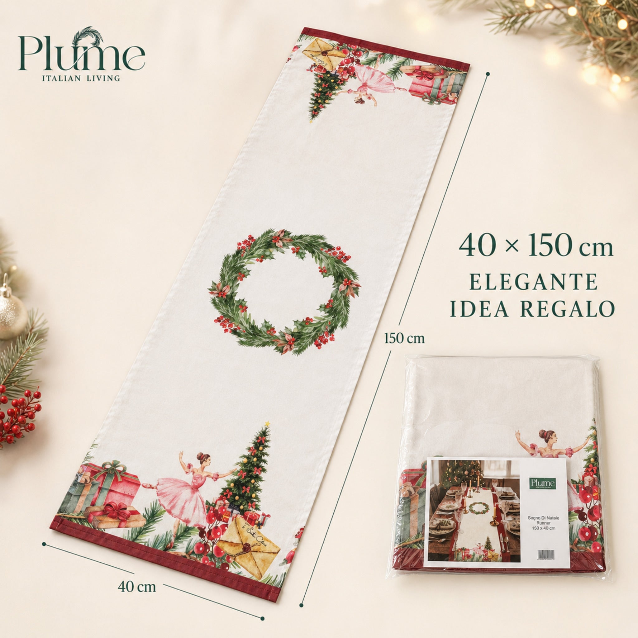 Runner da tavola natalizio Plume 40x150 cm con misure e confezione regalo