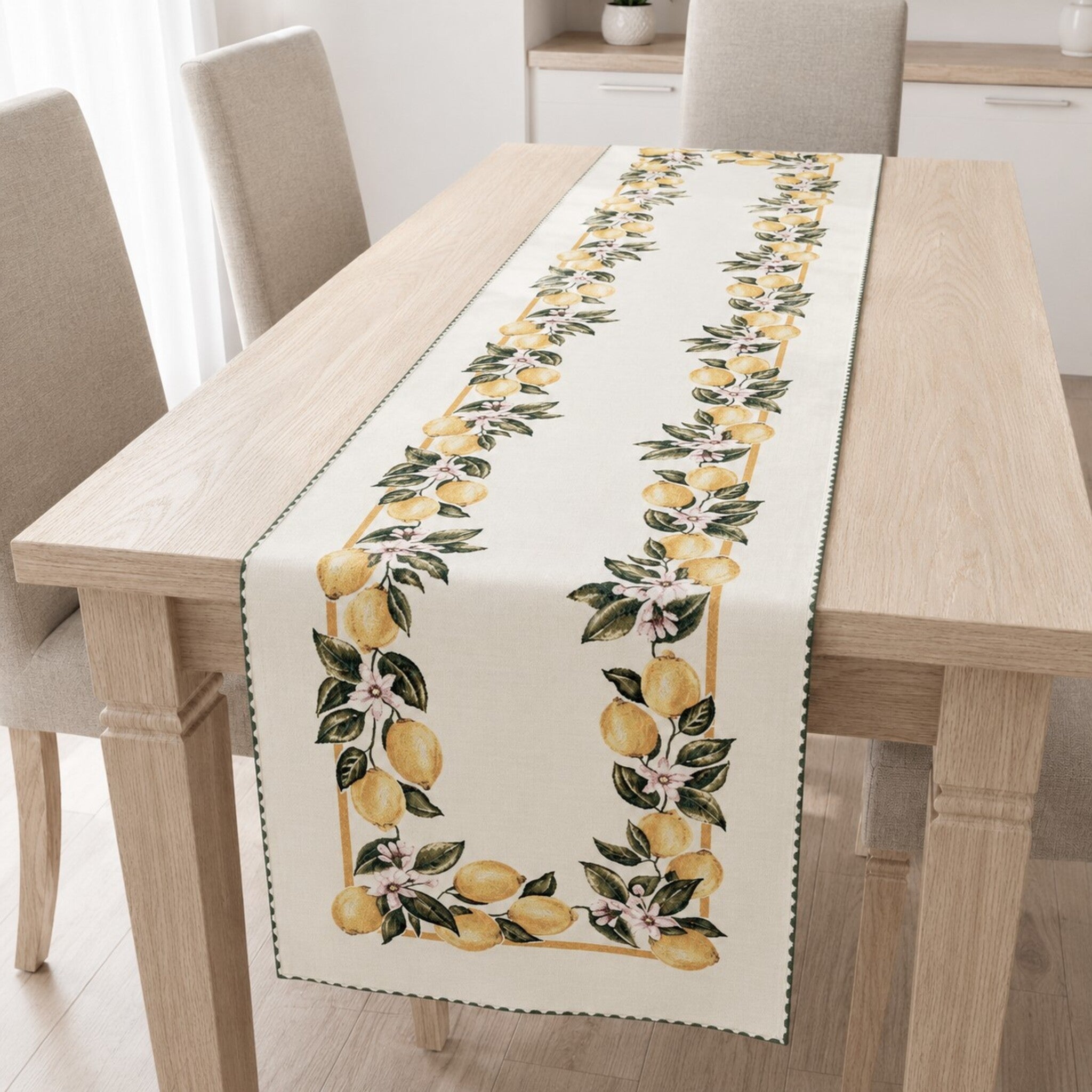 Runner da tavola gobelin jacquard Zambaiti con fantasia limoni e fiori stile mediterraneo