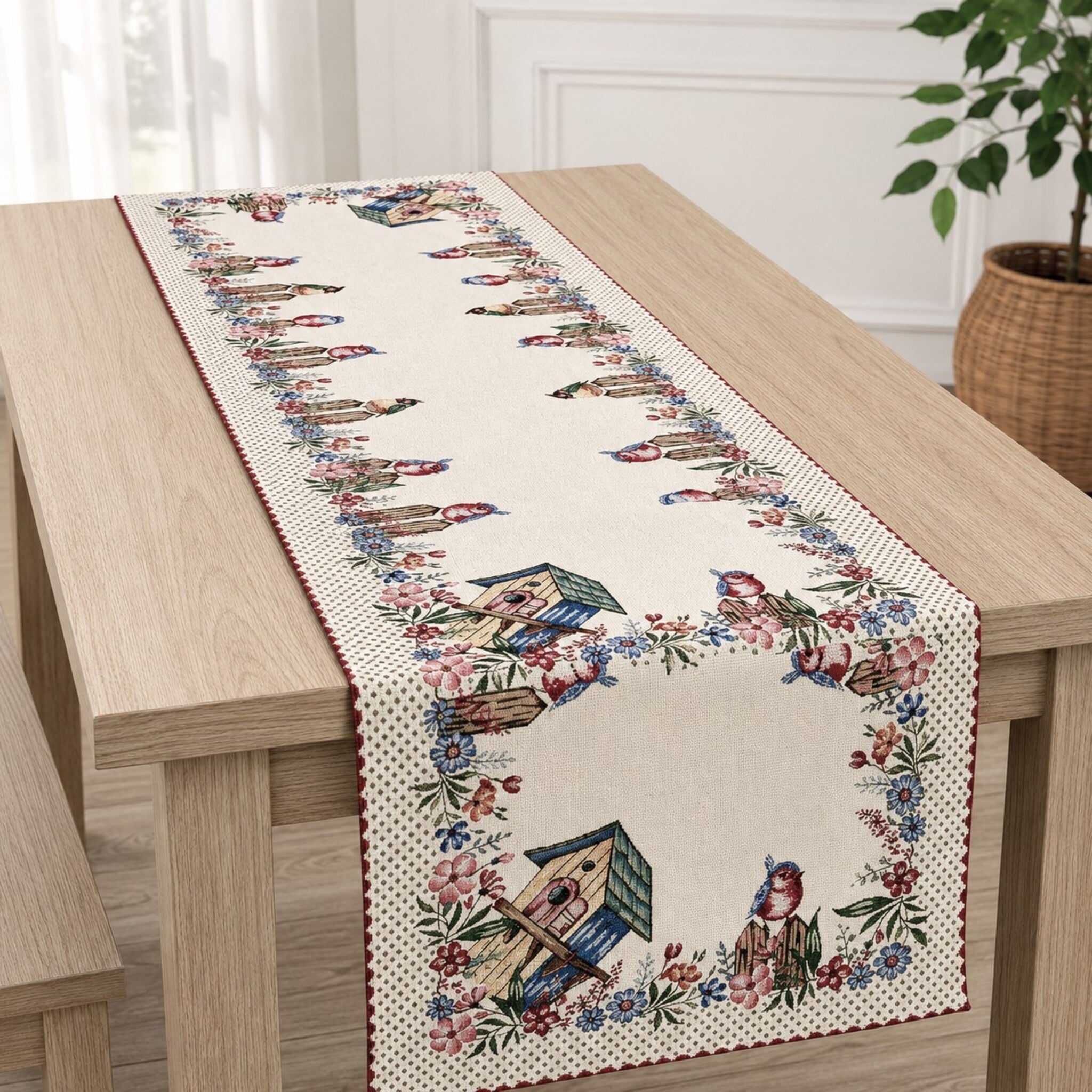 Runner da tavola gobelin jacquard Zambaiti con fantasia uccellini casette e fiori country chic