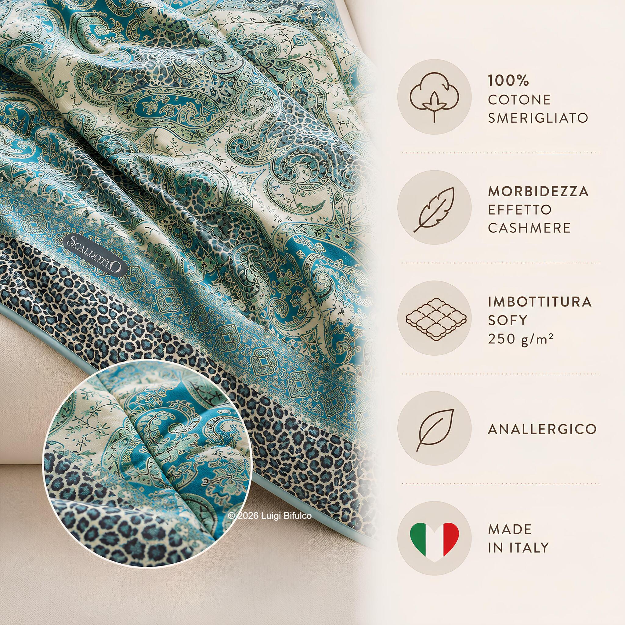 Dettaglio materiali dello Scaldotto Caleffi Belmond Anice in 100% cotone smerigliato con imbottitura Sofy anallergica