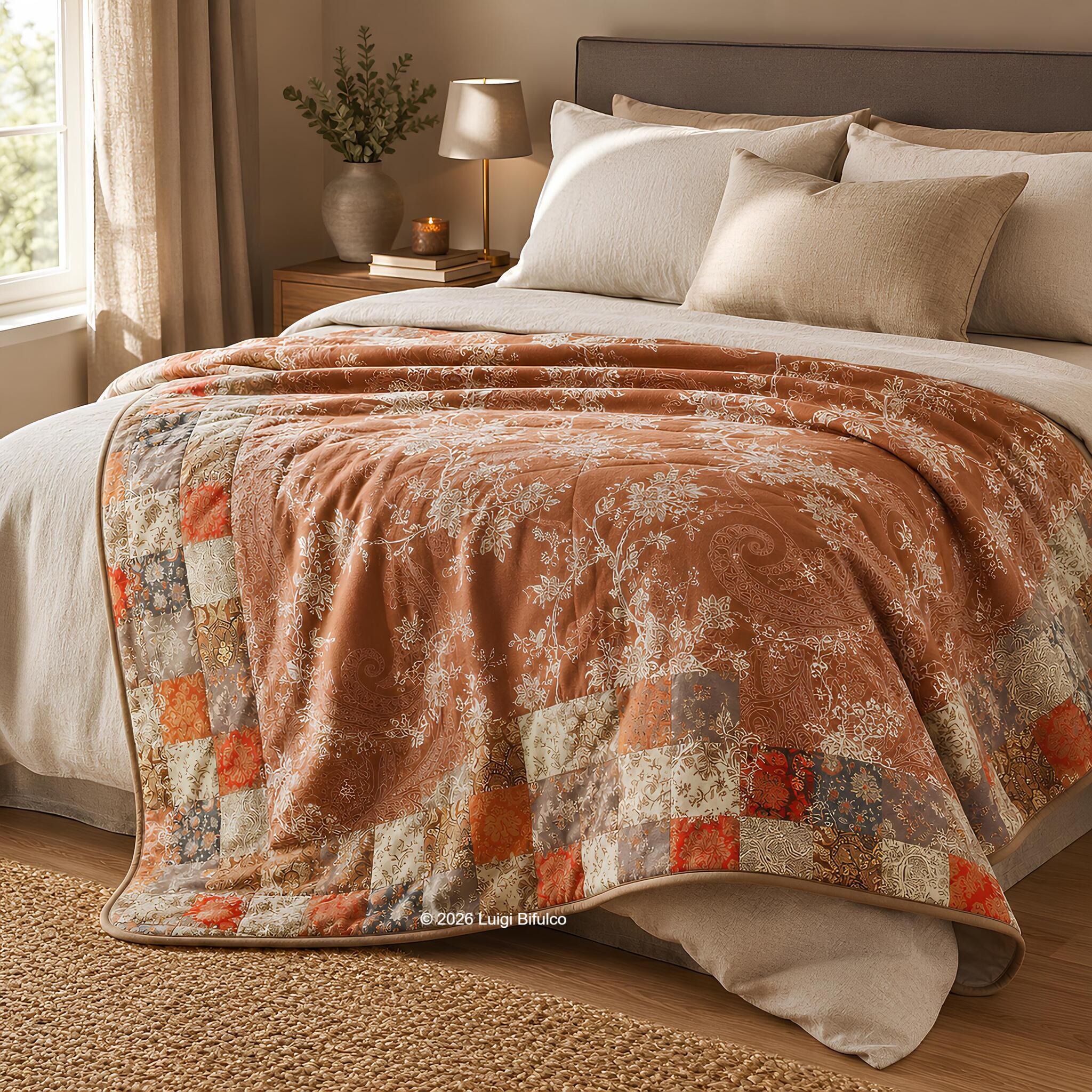 Scaldotto Caleffi Berry Ambra 130x170 cm in cotone smerigliato ambientato su letto matrimoniale