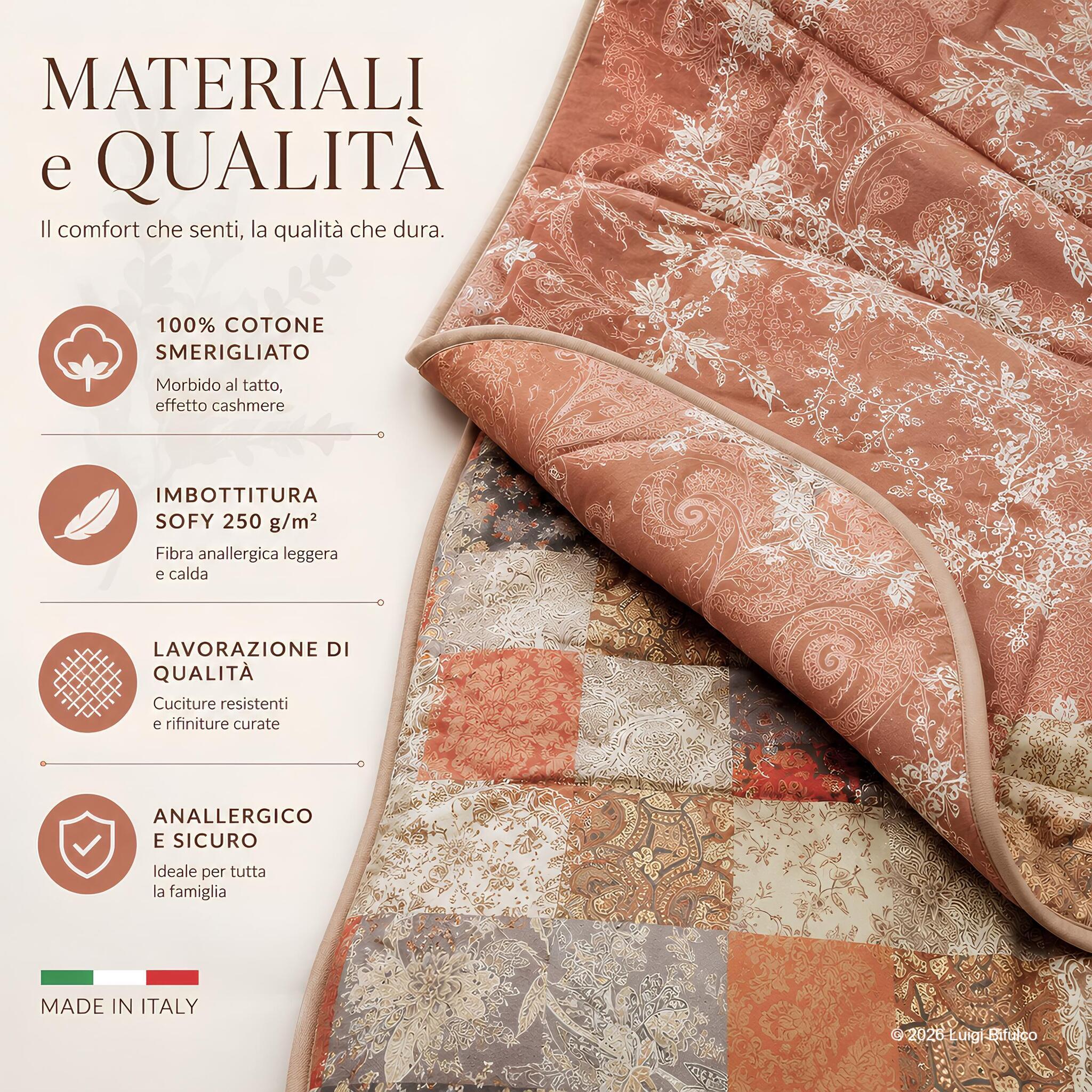 Materiali dello Scaldotto Caleffi Berry in cotone smerigliato con imbottitura Sofy anallergica 250 g/m²