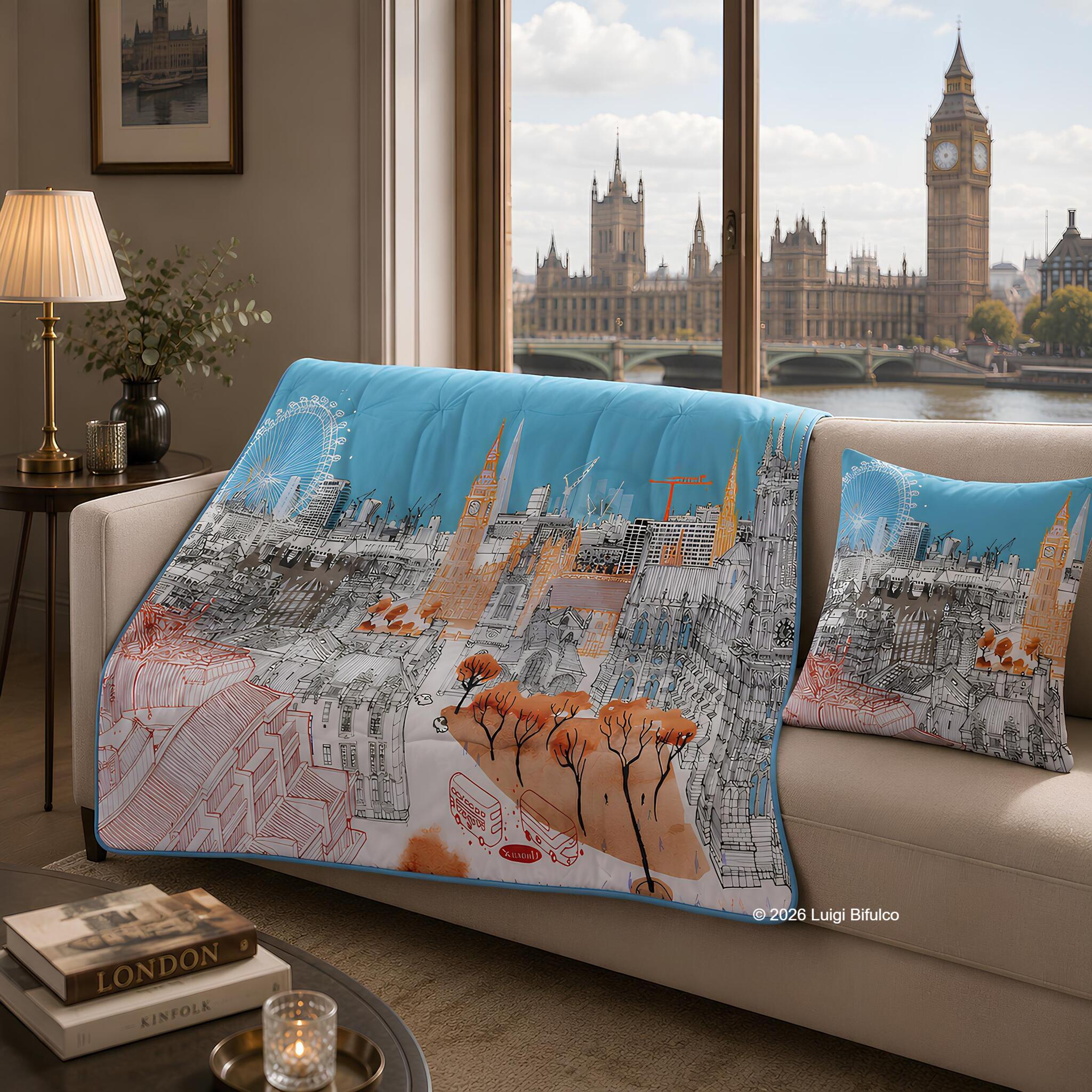 Scaldotto Caleffi London Westminster 130x170 cm in 100% cotone smerigliato con illustrazione originale di Carlo Stanga ambientato su divano