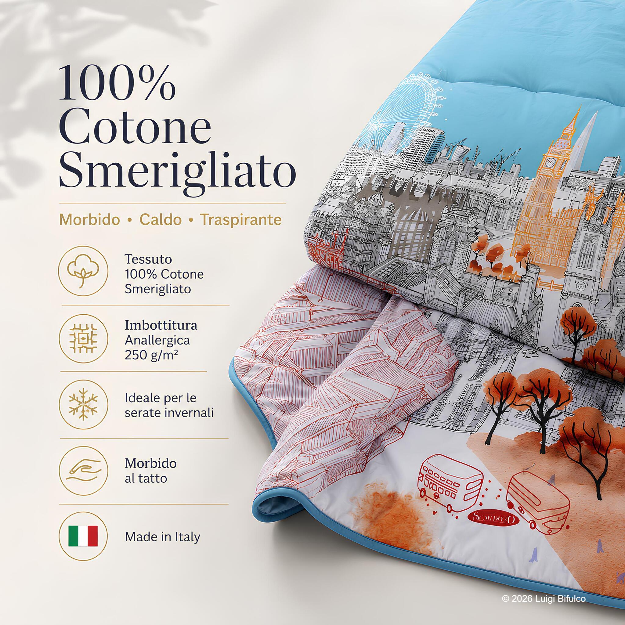 Infografica dello Scaldotto Caleffi London Westminster in 100% cotone smerigliato con imbottitura anallergica 250 grammi metro quadrato
