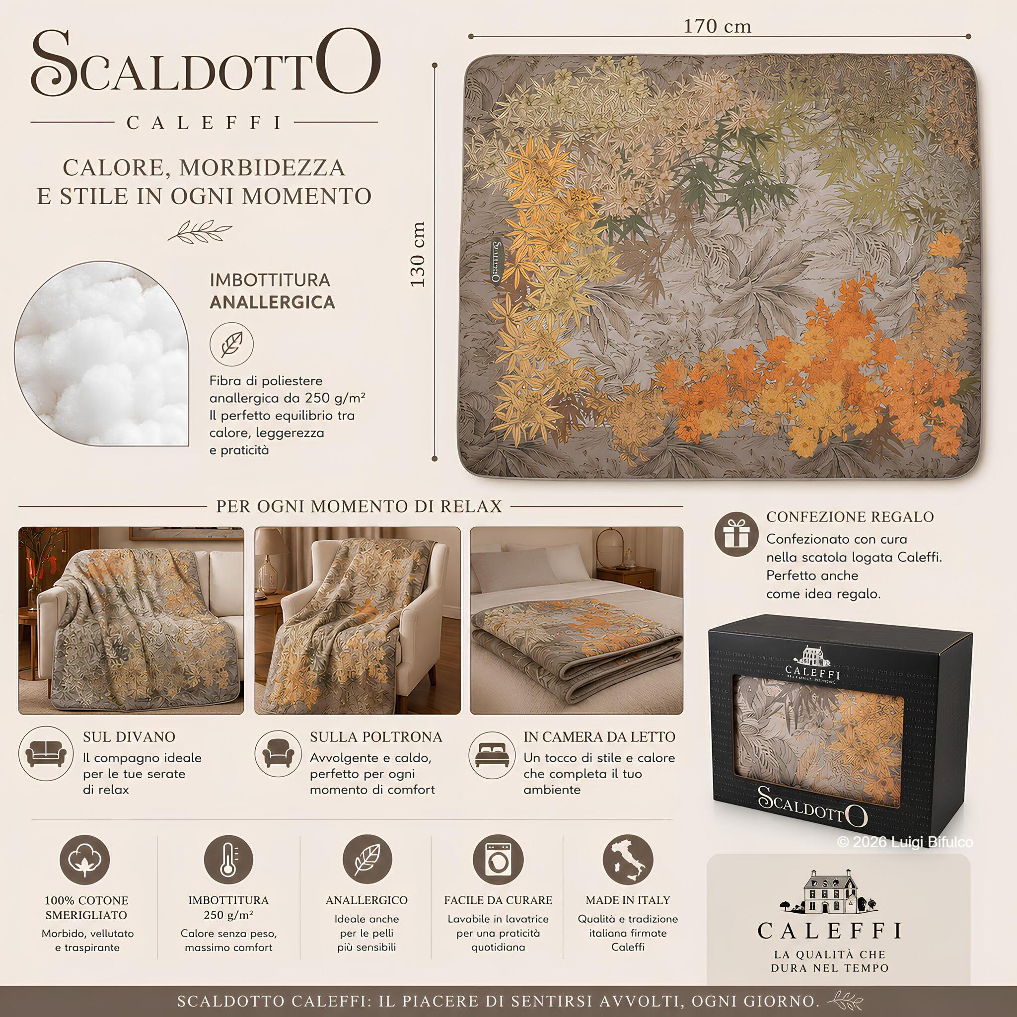 Infografica Scaldotto Caleffi Oasi Naturale 130x170 cm con imbottitura anallergica da 250 g/m² e confezione regalo